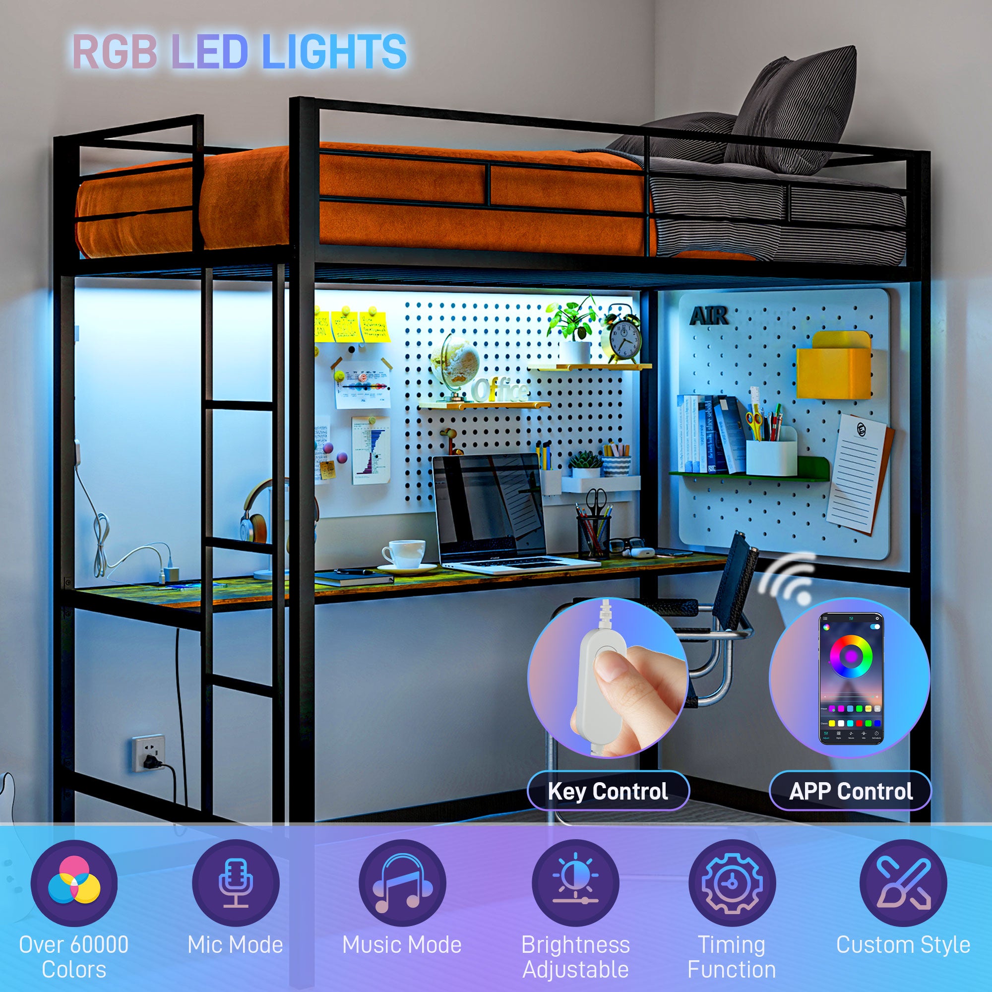Twin Size Loft Bed with Desk, LED Lights, Charging Station, Twin Metal Loft Bed Frame with Ladder, Black