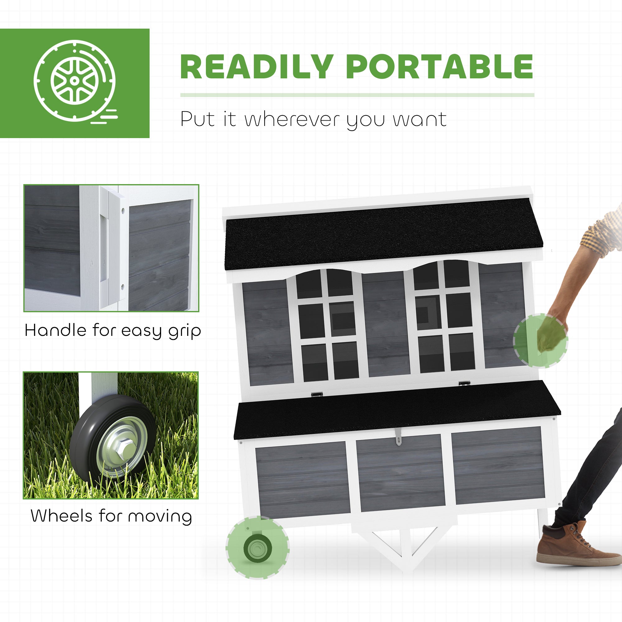 43" Chicken Coop with Wheels, Chicken Tractor with Nesting Box, Windows, Pull-out Tray, Perches, for 2-4 Hens, Gray - Gray - Image 4