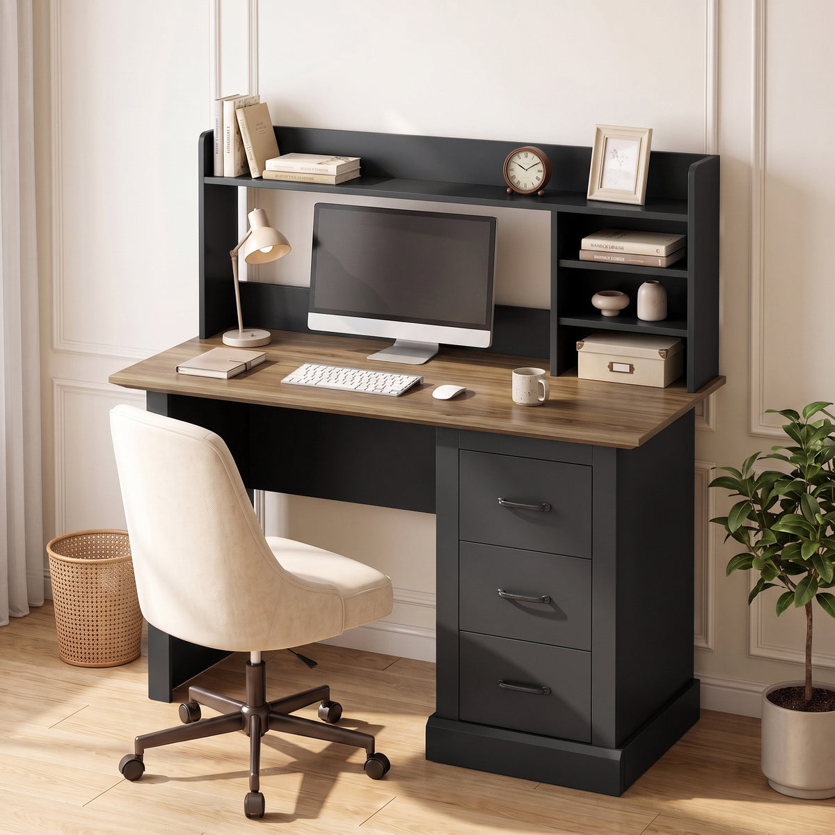 Computer Desk with 3 Drawers and Storage Shelves, 47" Home Office Study Writing Table, Walnut and Black