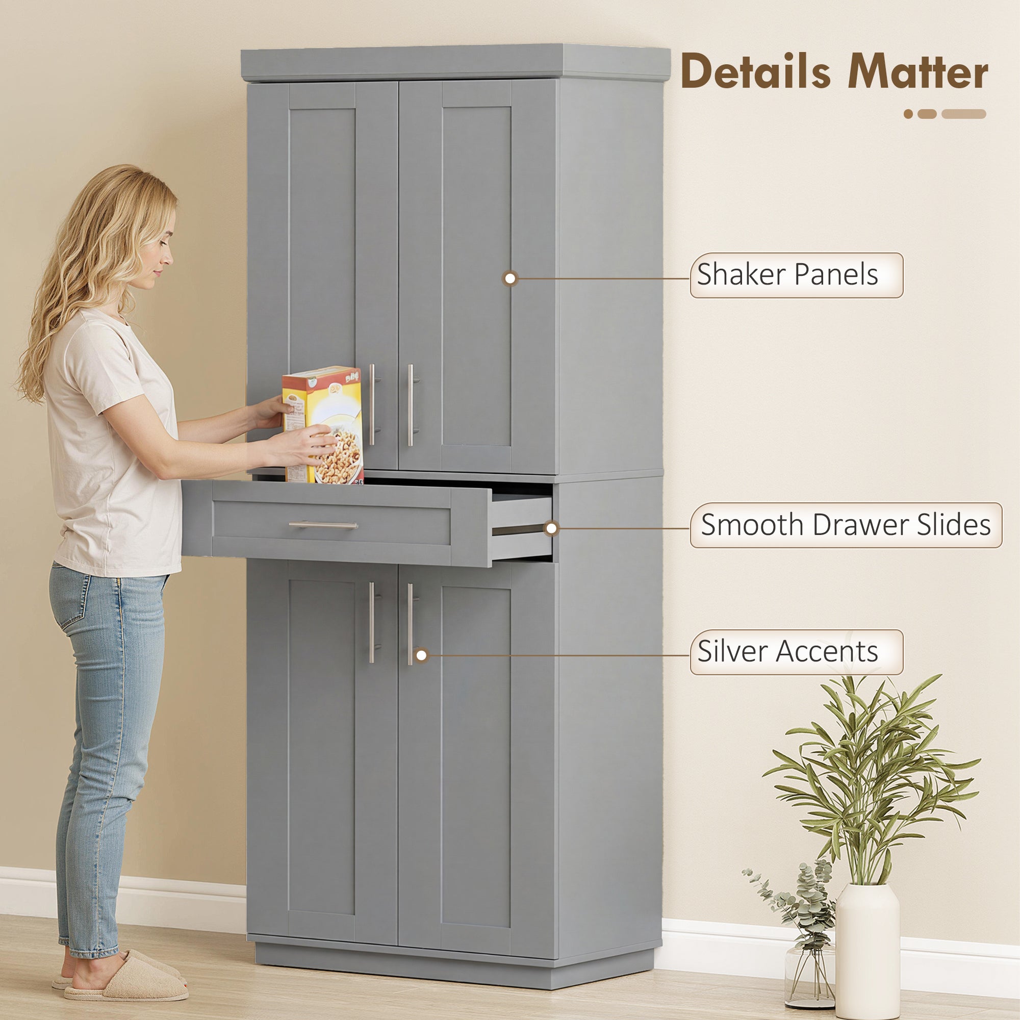 Modern Kitchen Pantry Freestanding Cabinet Cupboard with Doors and Drawer, Adjustable Shelving, Gray