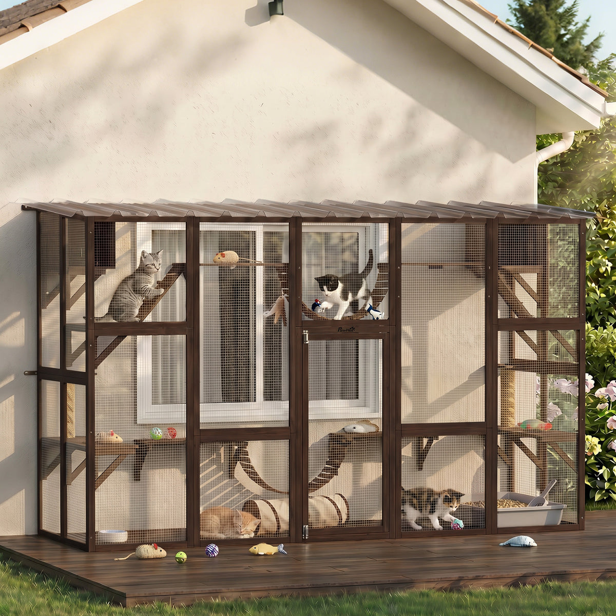 Catio Playground Cat Window Box Outside Enclosure for Multiple Cats w/ Shelves & Bridges, Coffee Brown