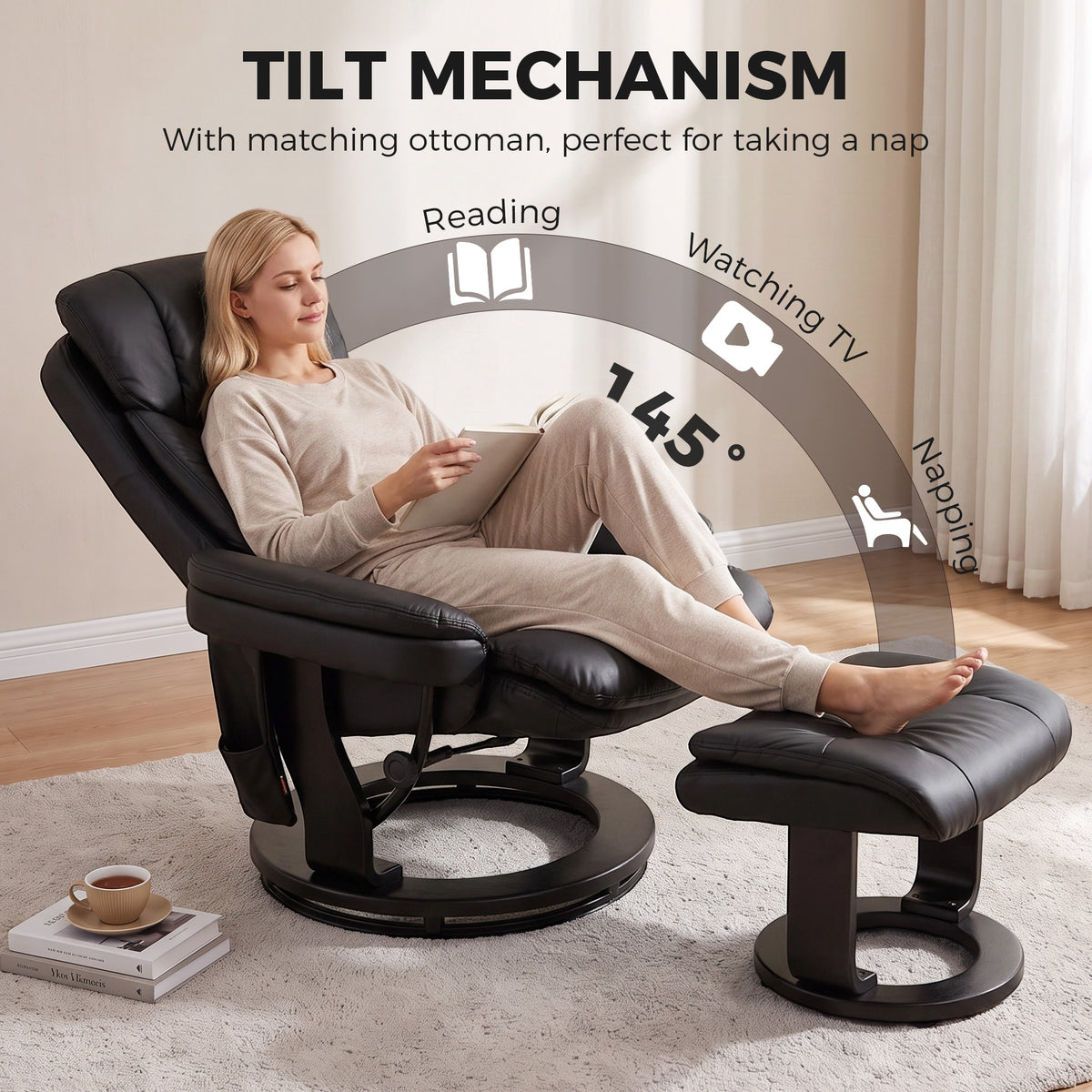 PU Leather Massage Recliner Chair with Ottoman, 10-Point Vibration, Swivel Armchair, Black