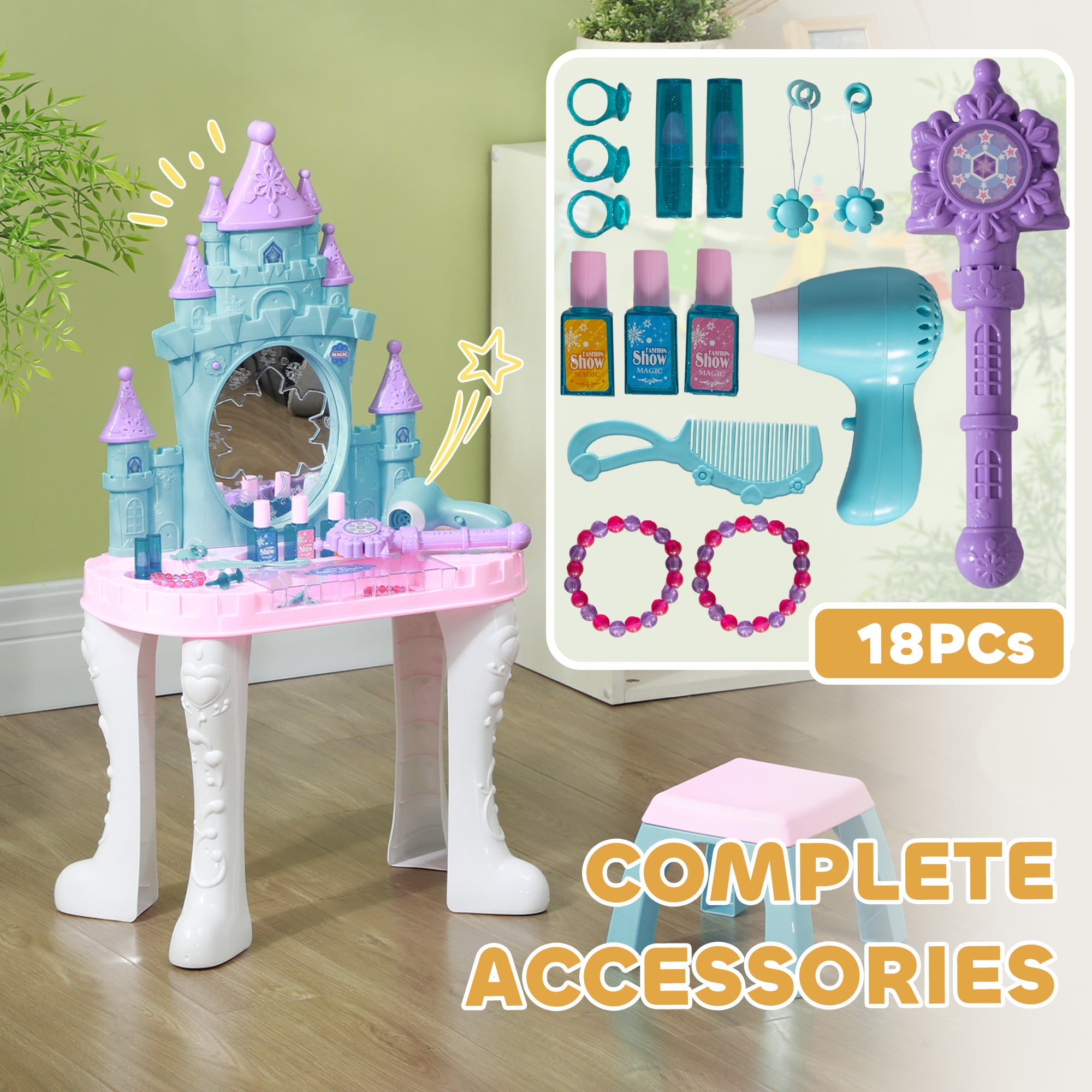 Kids Vanity Set with Mirror and Stool, Light, Music, Castle Design Makeup Table for Girls 3-6 Years, Multicolor