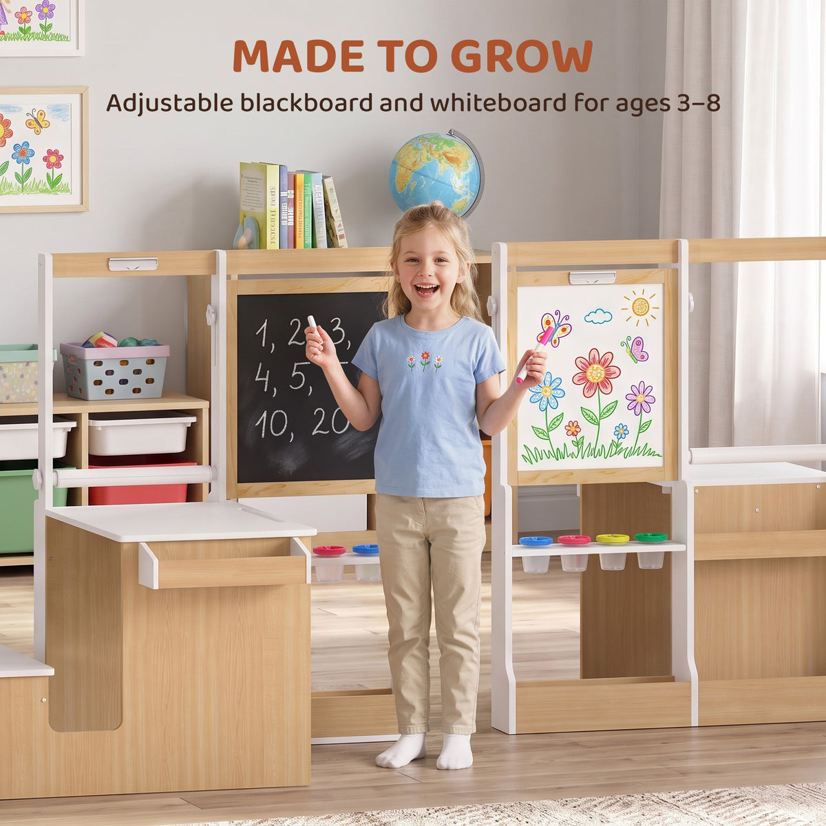 5-in-1 Kids Art Table and Chair Set with Easel, Wooden Craft and Play Activity Desk with Storage