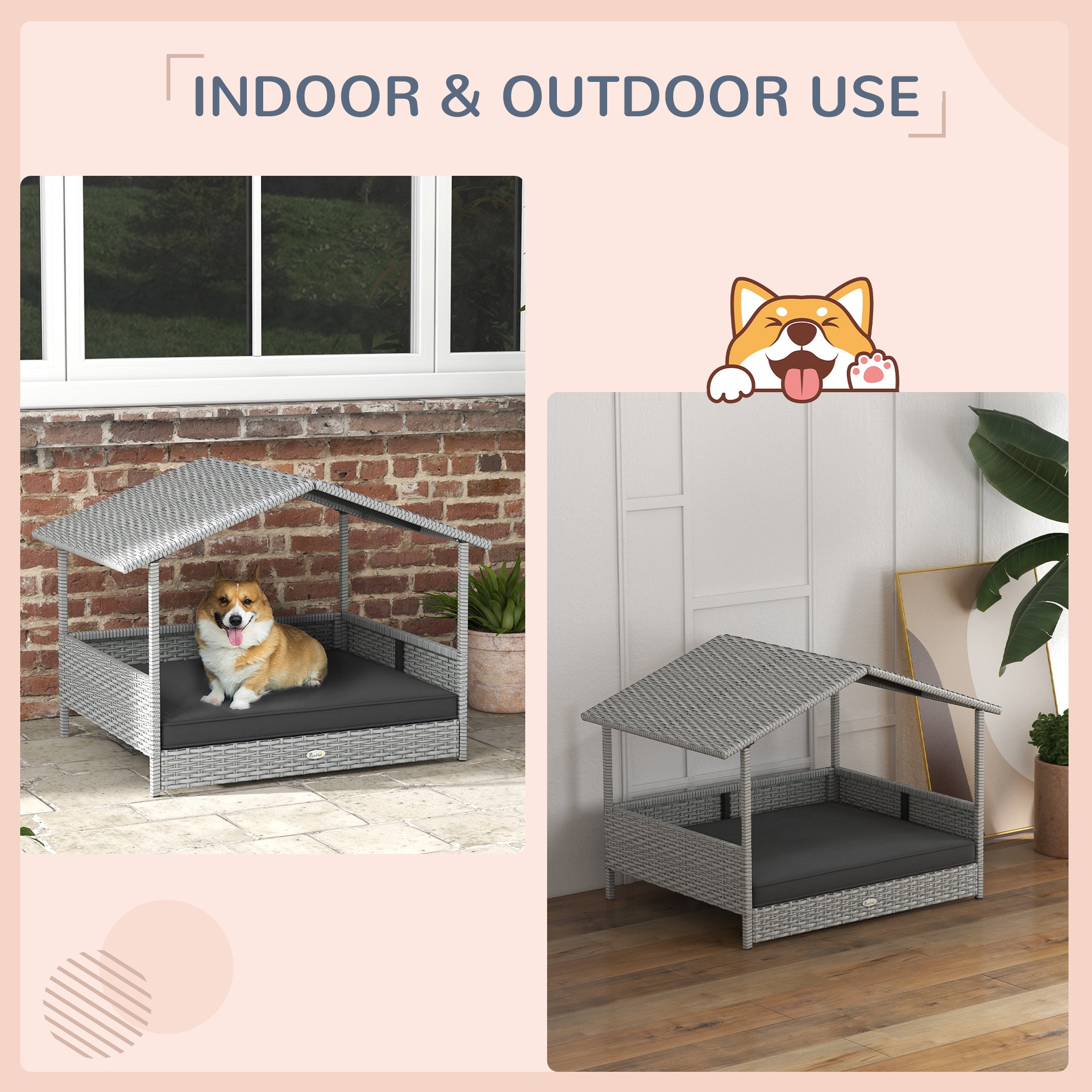 Wicker Dog House Outdoor with Canopy, Rattan Dog Bed with Water-resistant Cushion, Raised Pet Bed for Small, Medium Breeds up to 66 lbs, 20" in Length, Silver Wicker, Gray Cushion - Gray - Image 4
