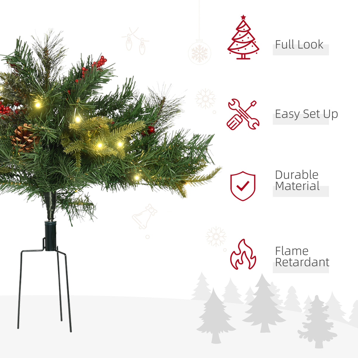 2 Ft/22 inch 2 Pack Prelit Artificial Christmas Tree Cordless with 69 Branches, Warm White LED Lights, Red Berries, Pine Cones, for Outdoor Entryway, Green