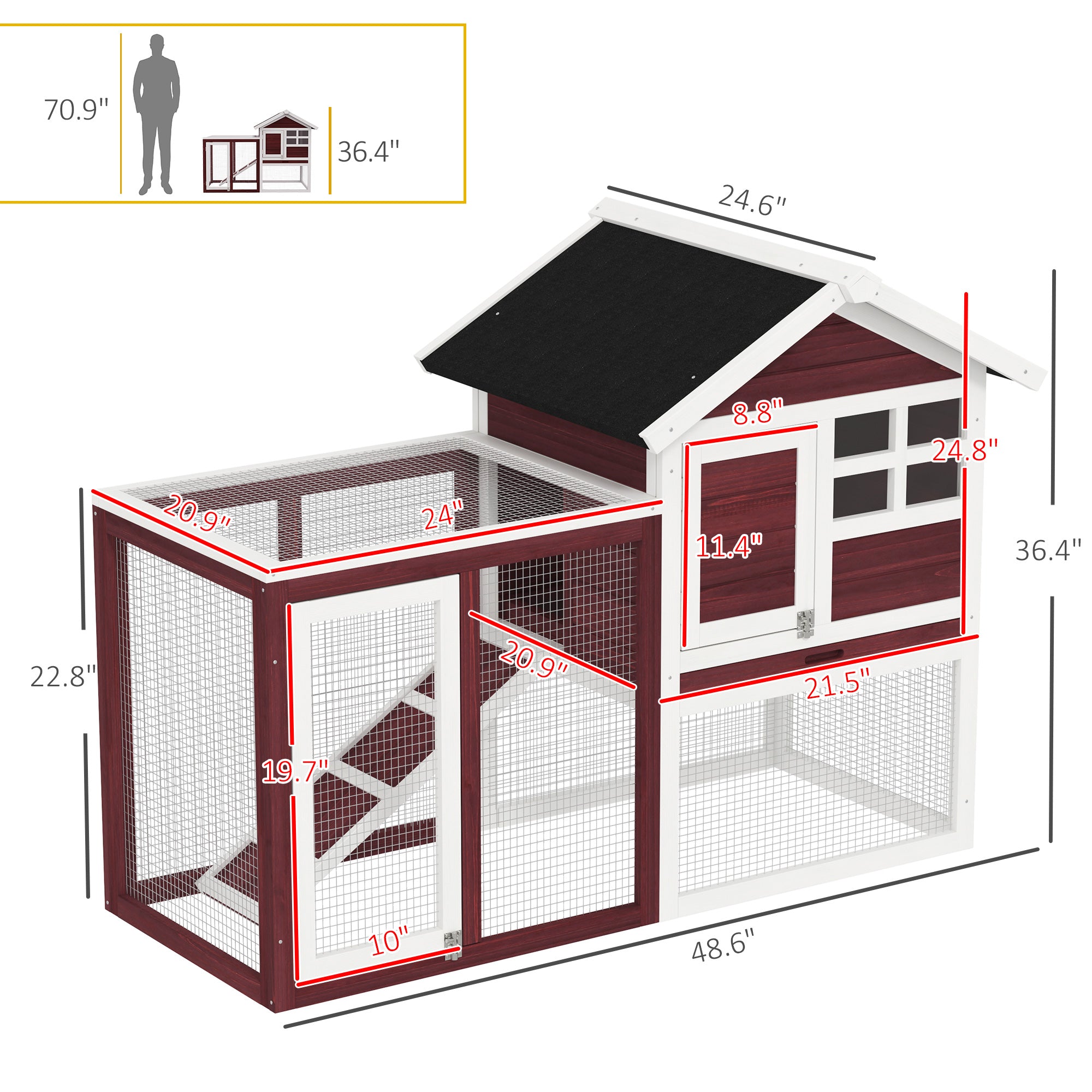 49" Wooden Rabbit Hutch Bunny Cage with Waterproof Asphalt Roof, Fun Outdoor Run, Removable Tray and Ramp, for Rabbits, Chickens, Ducks, Brown - Brown and White - Image 3