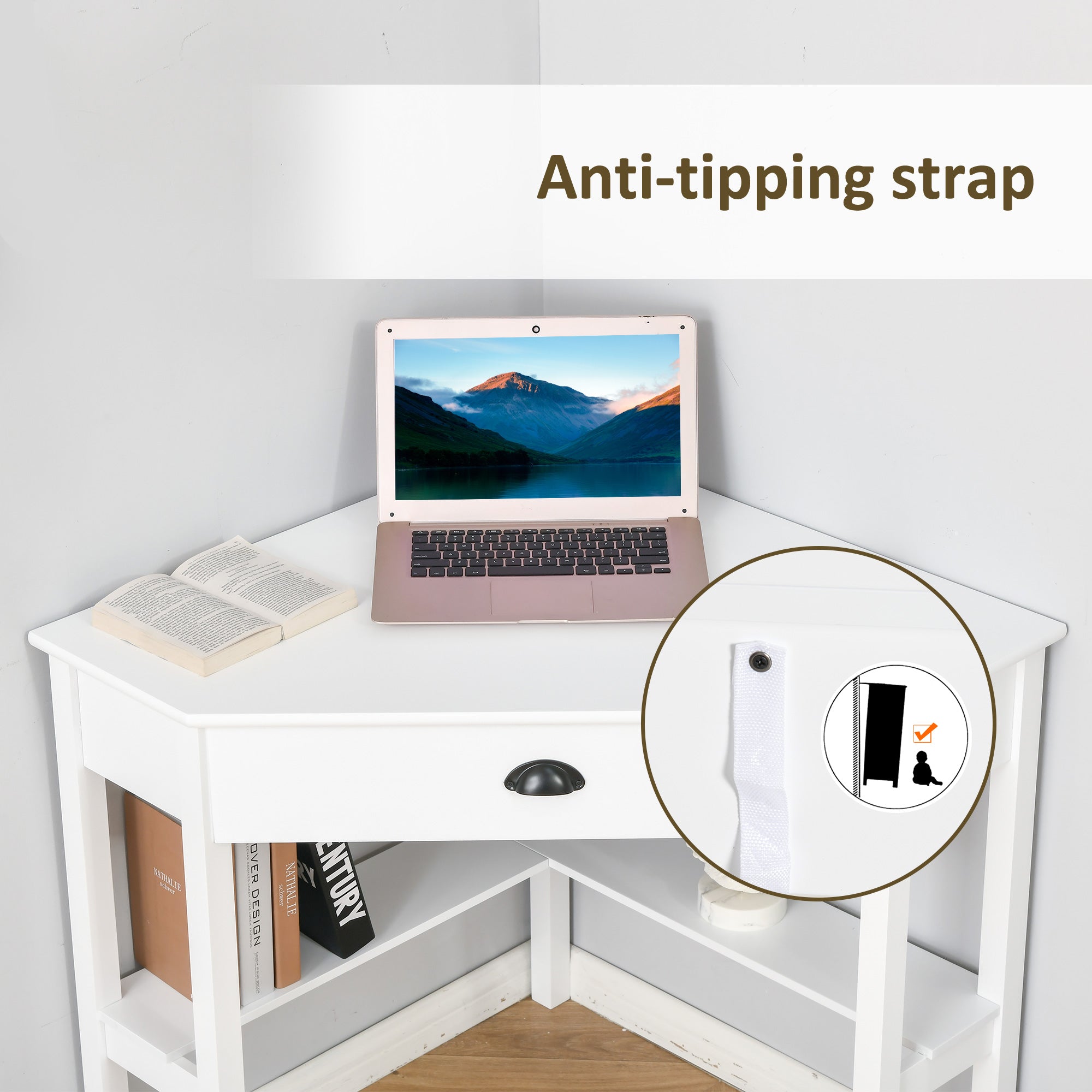 Corner Desk, Triangle Computer Desk with Drawer and Storage Shelves for Small Spaces, Home Office Workstation for Living Room, or Bedroom, White