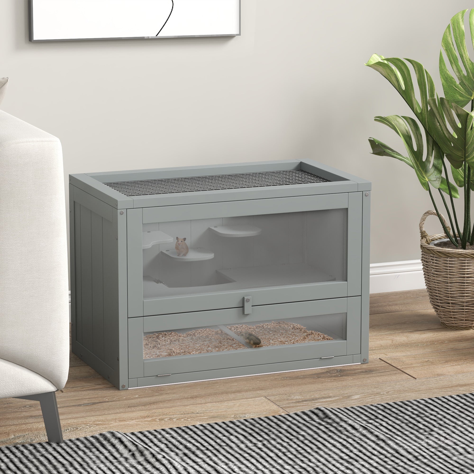 2-Level Hamster Cage with Openable Top, Door, Shelf, Ladder, Gray - Gray - Image 2