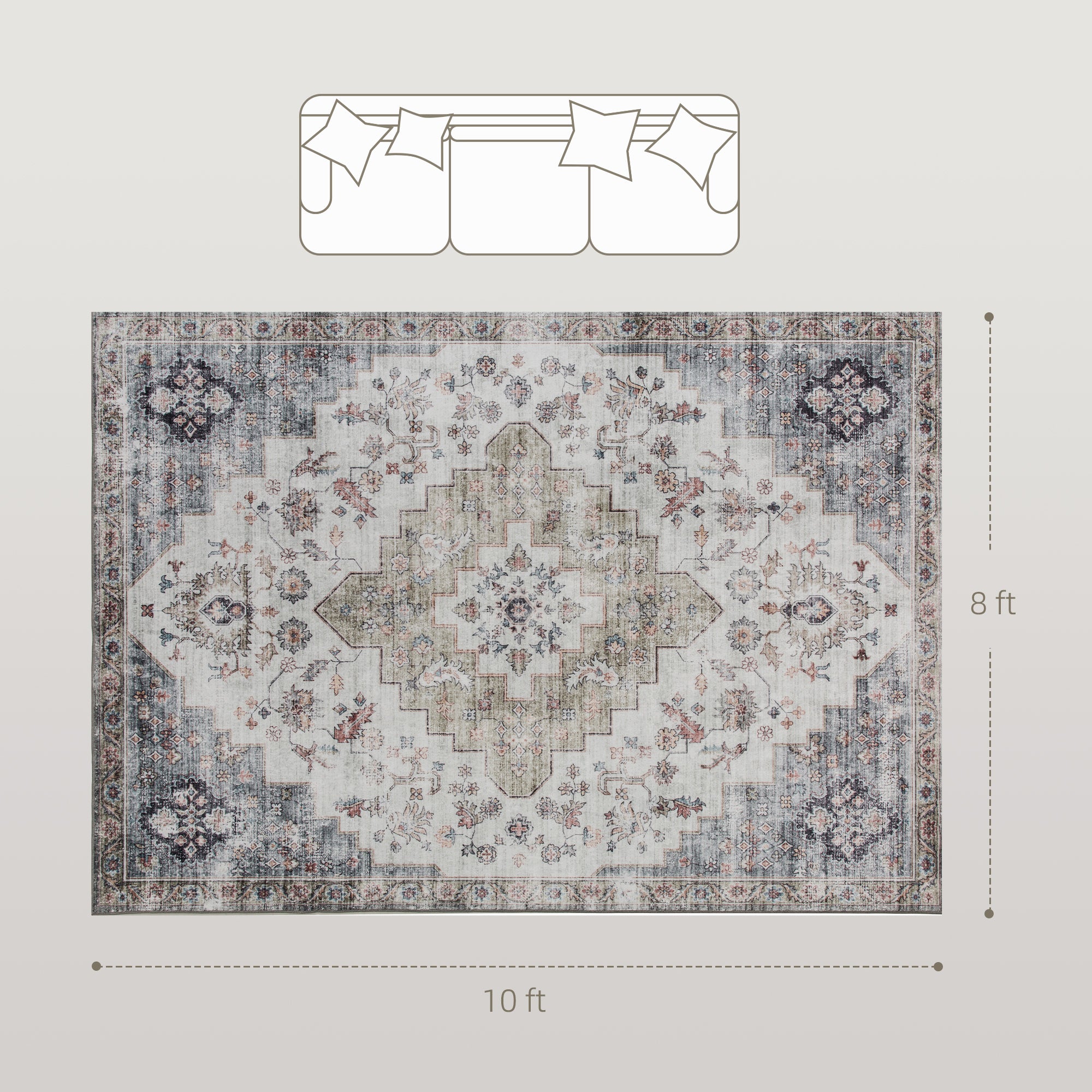 8x10 Area Rug, Vintage Machine Washable Rug, Non-Slip Carpet for Living Room, Bedroom, Dining Room, Brown and Green