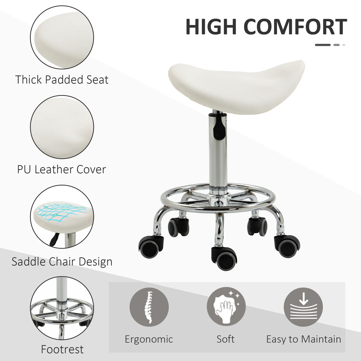PU Leather Adjustable Stool, Rolling Saddle Stool with Wheels for Massage, Spa, Clinic, Beauty and Tattoo, White