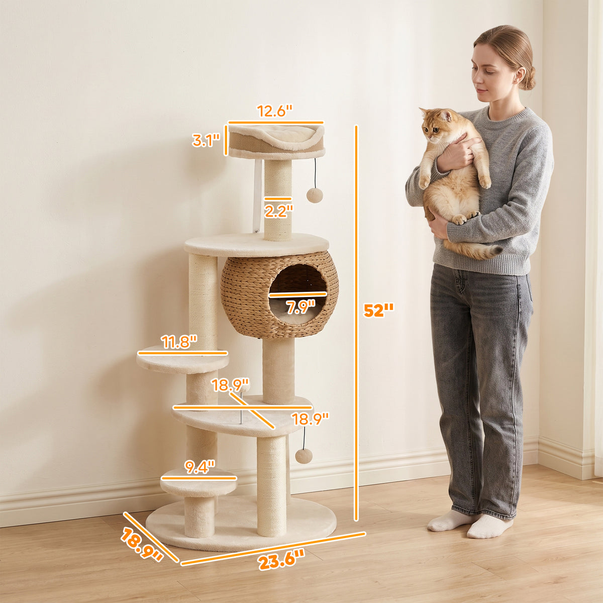 52" Cat Tree, Cat Tower with Handwoven Cattail Condo, Bed, Platforms, 3 Scratching Posts and 3 Toy Balls