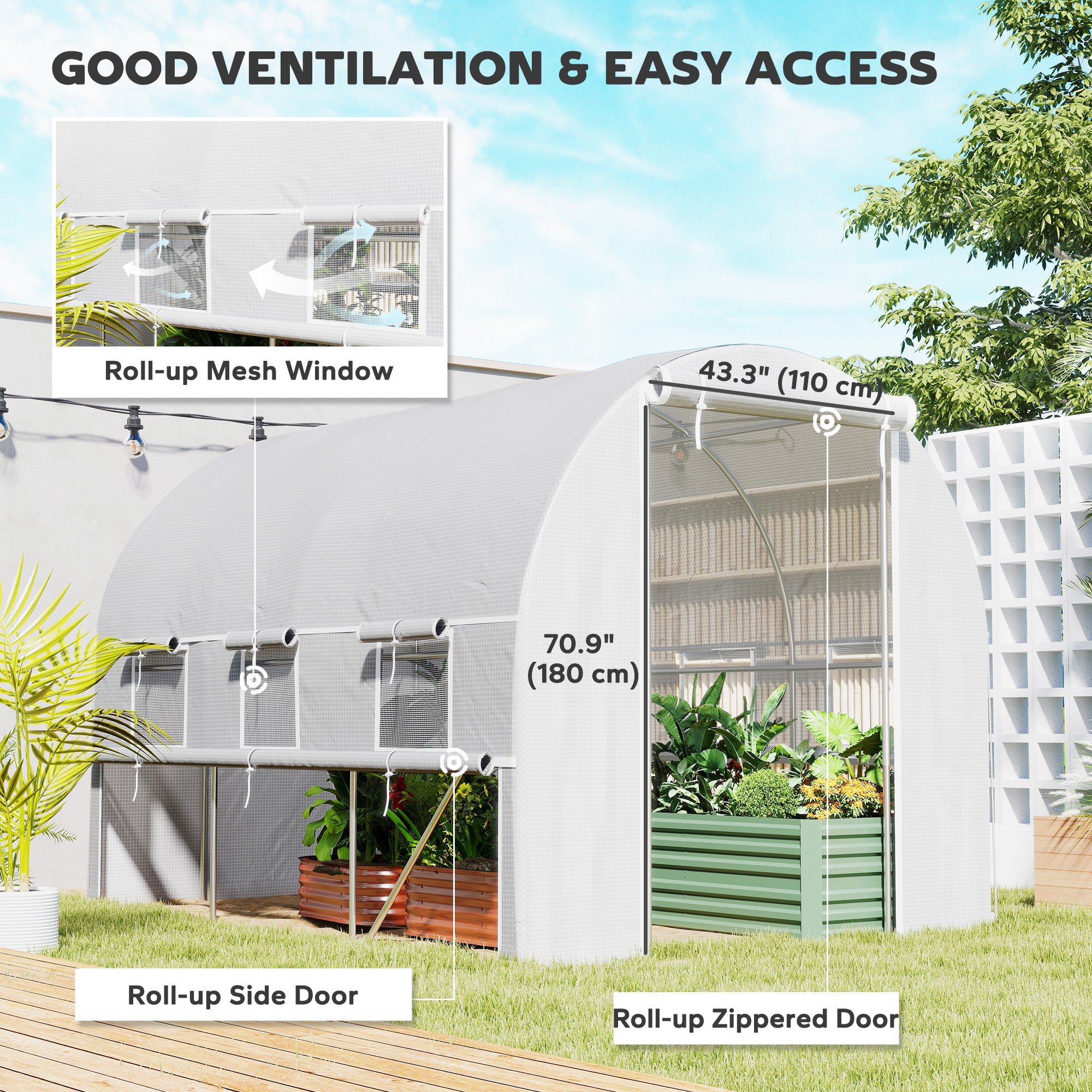 9.7' x 6.5' x 6.5' Walk-in Tunnel Greenhouse, Outdoor Green House with Anti-Tear PE Cover, Zipper Doors and Mesh Windows, White - White - Image 4