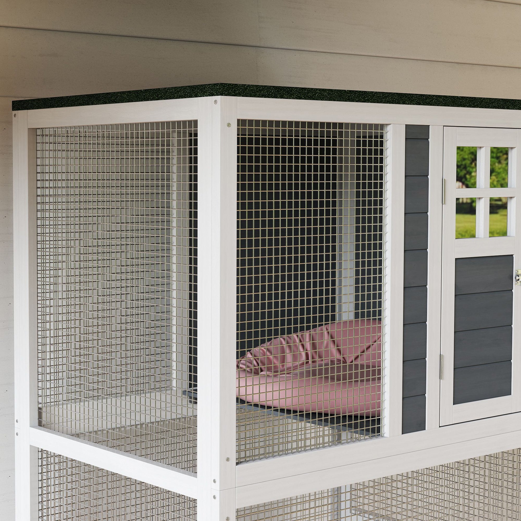 74" Wooden Catio Outdoor Cat Enclosure Weatherproof & Wheeled, Outside Cat House with High Weight Capacity, Kitten Cage Condo, White - Dark Gray - Image 8