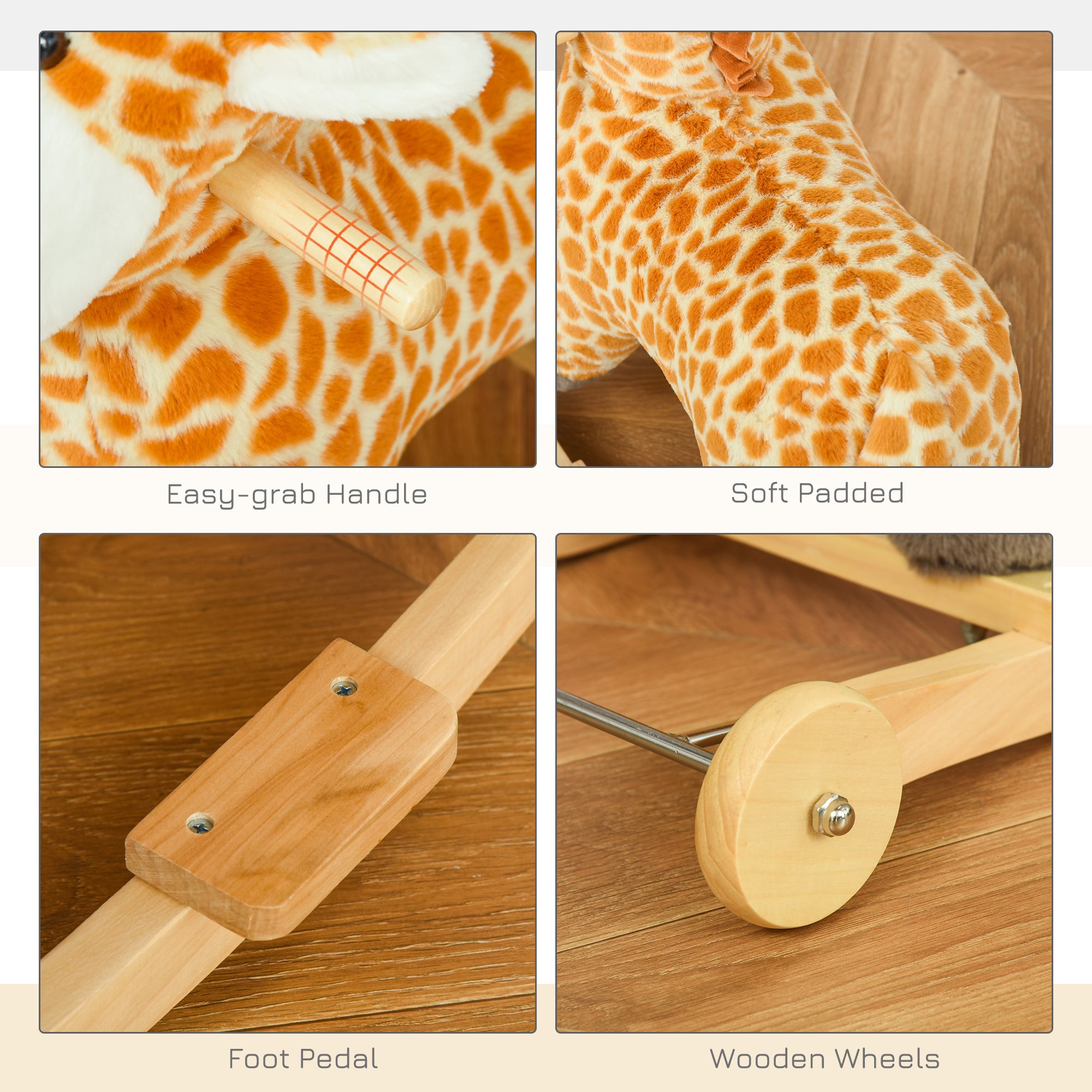 Rocking Horse, 2 in 1 Kids Ride on Horse, Rolling Giraffe Animal Rocker with Sound, Wooden Base, Pedal, Grip Handle, Plush Riding Pony for 3-6 Years Old, Yellow