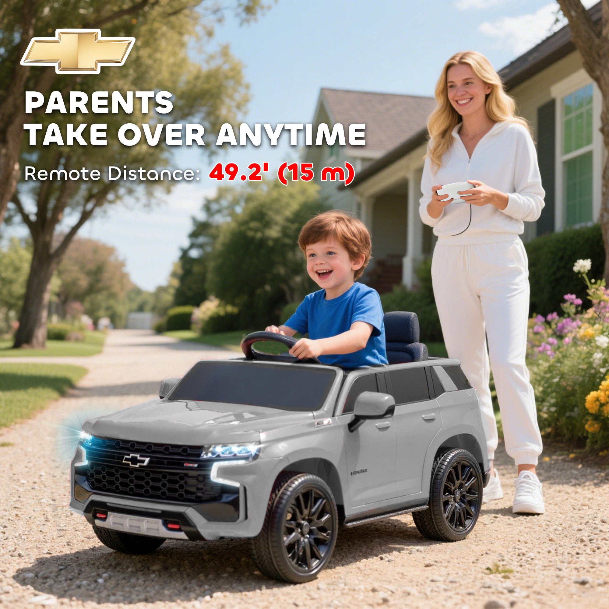 Licensed Chevrolet Tahoe Ride On Car, 12V 7AH Battery Power Ride On Toy with Parent Remote Control, LED Lights, Music, 4 Wheeler Suspension, 3 Speeds, Kids Electric Vehicle for Aged 3+, Gray