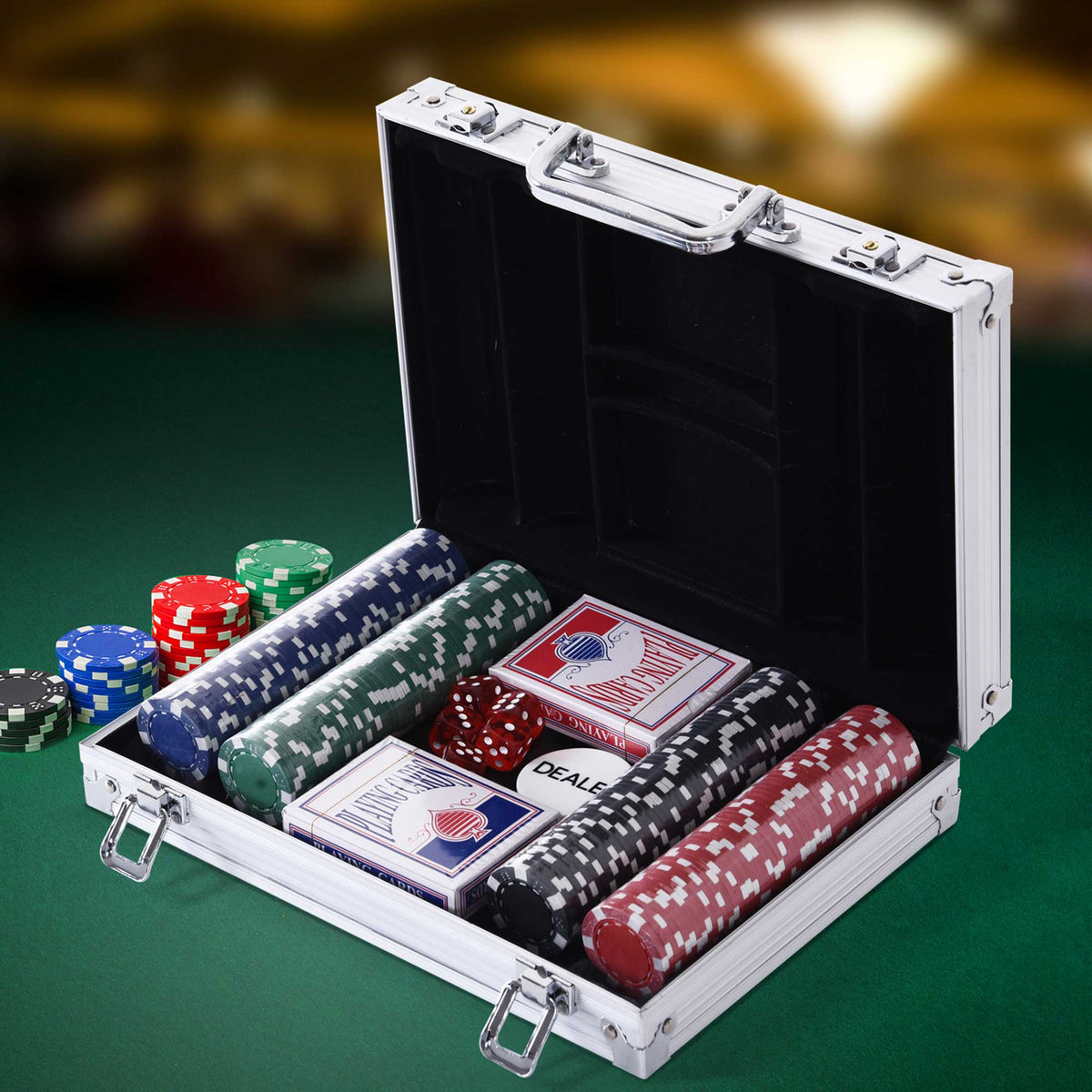 Poker Chip Set with Aluminum Case, 200 Striped Poker Chips, 2 Decks of Cards, 5 Dice, Dealer Button, Silver