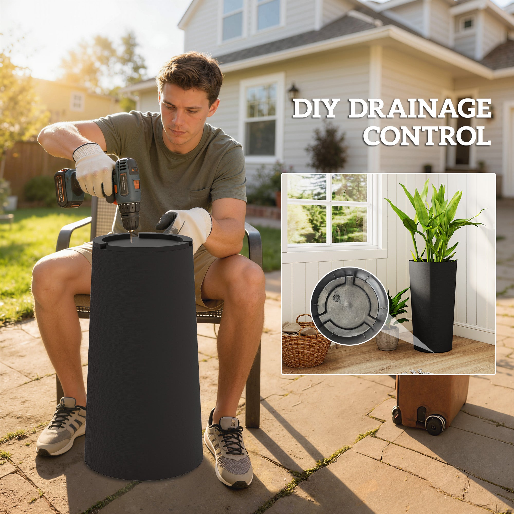 29 Inch Outdoor Planter, Set of 2 Plastic Flower Pots, Weather and UV Resistant Stackable Large Planters, Black - Black - Image 7