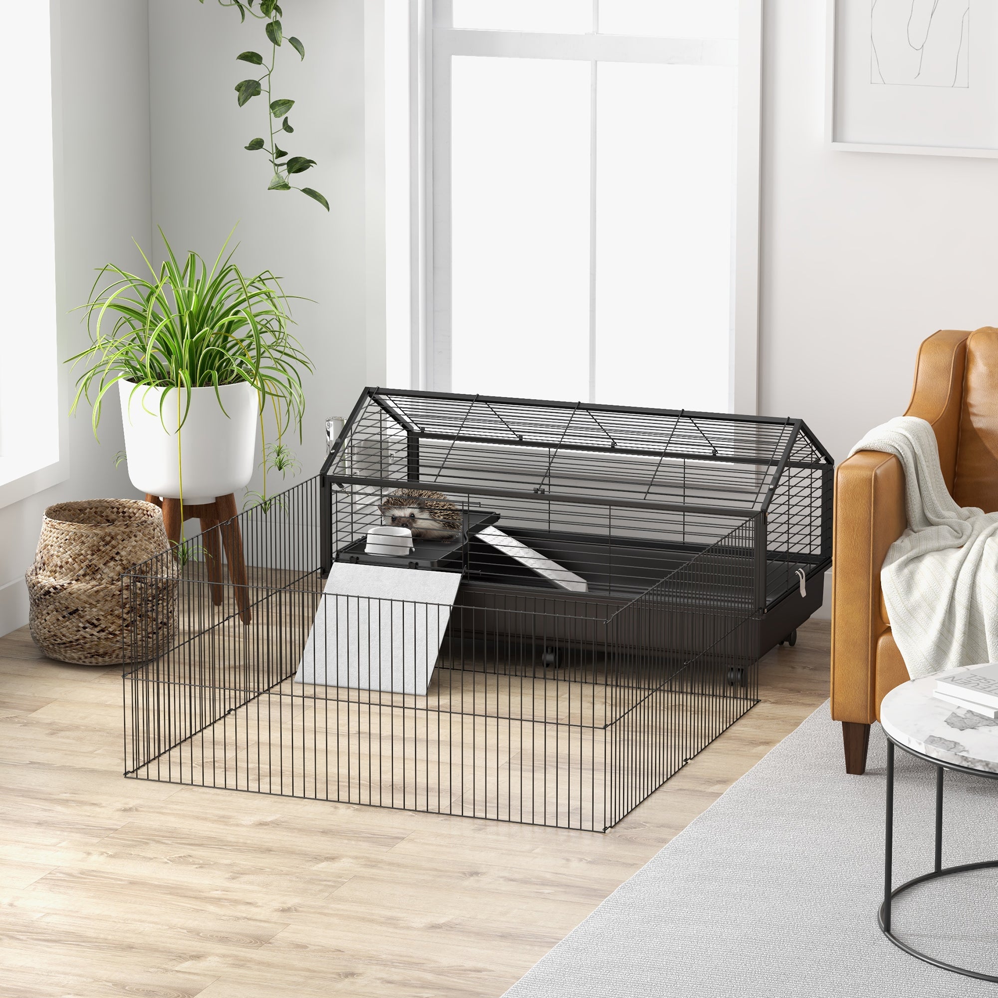 Small Animal Playpen Cage with Rolling Caster, Water Bottle 46.5" - Black and Beige - Image 8