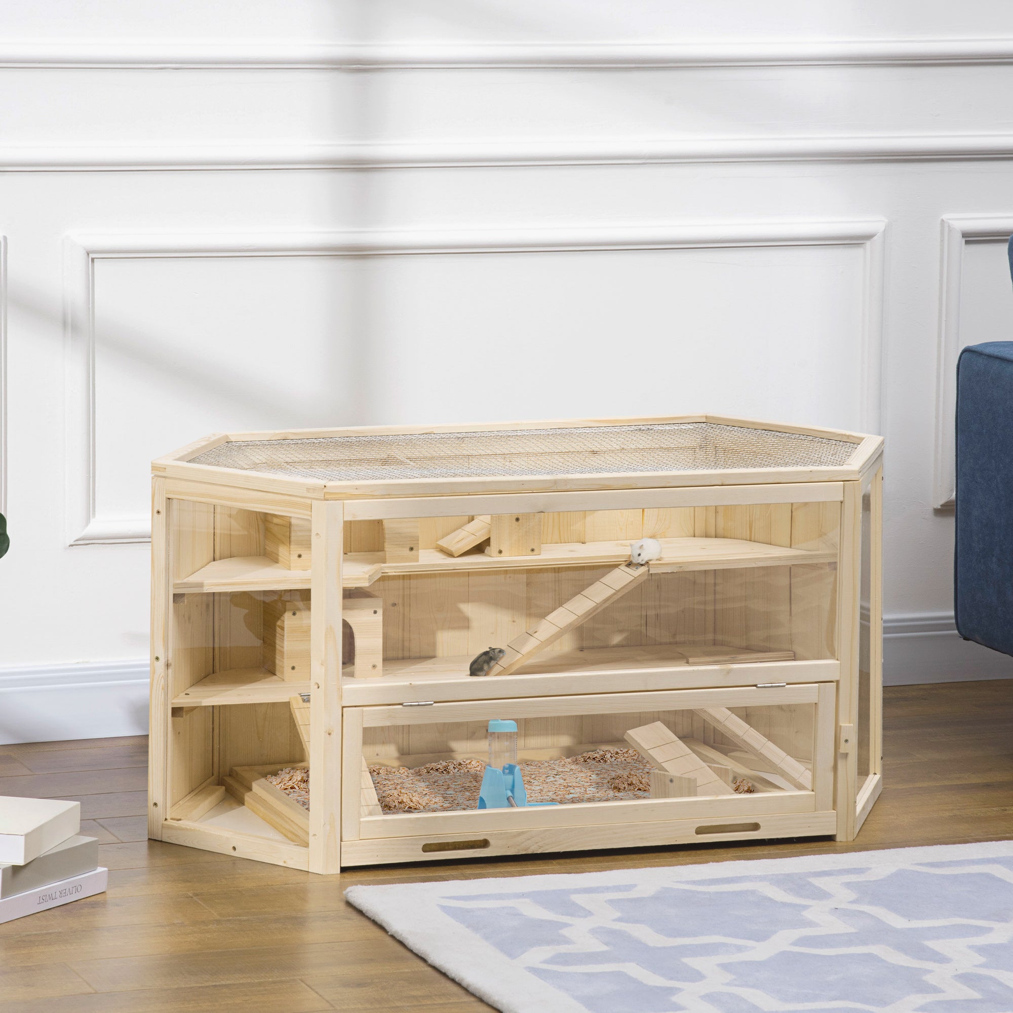 Wooden Large Hamster Cage Small Animal Exercise Play House 3 Tier with Tray, Seesaws, Water Bottle, Activity Center, Natural - Natural Wood - Image 2