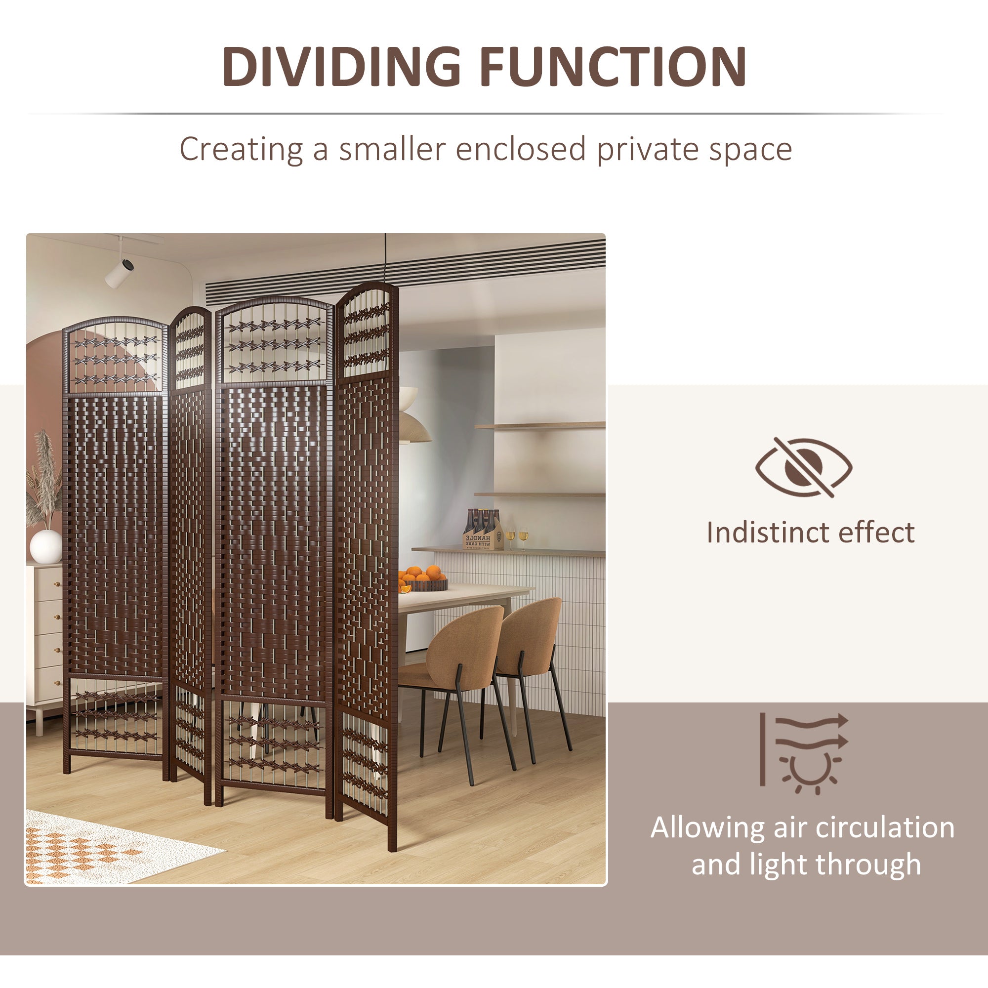 4 Panel Folding Room Divider Portable Privacy Screen Wave Fiber Room Partition for Home Office Brown