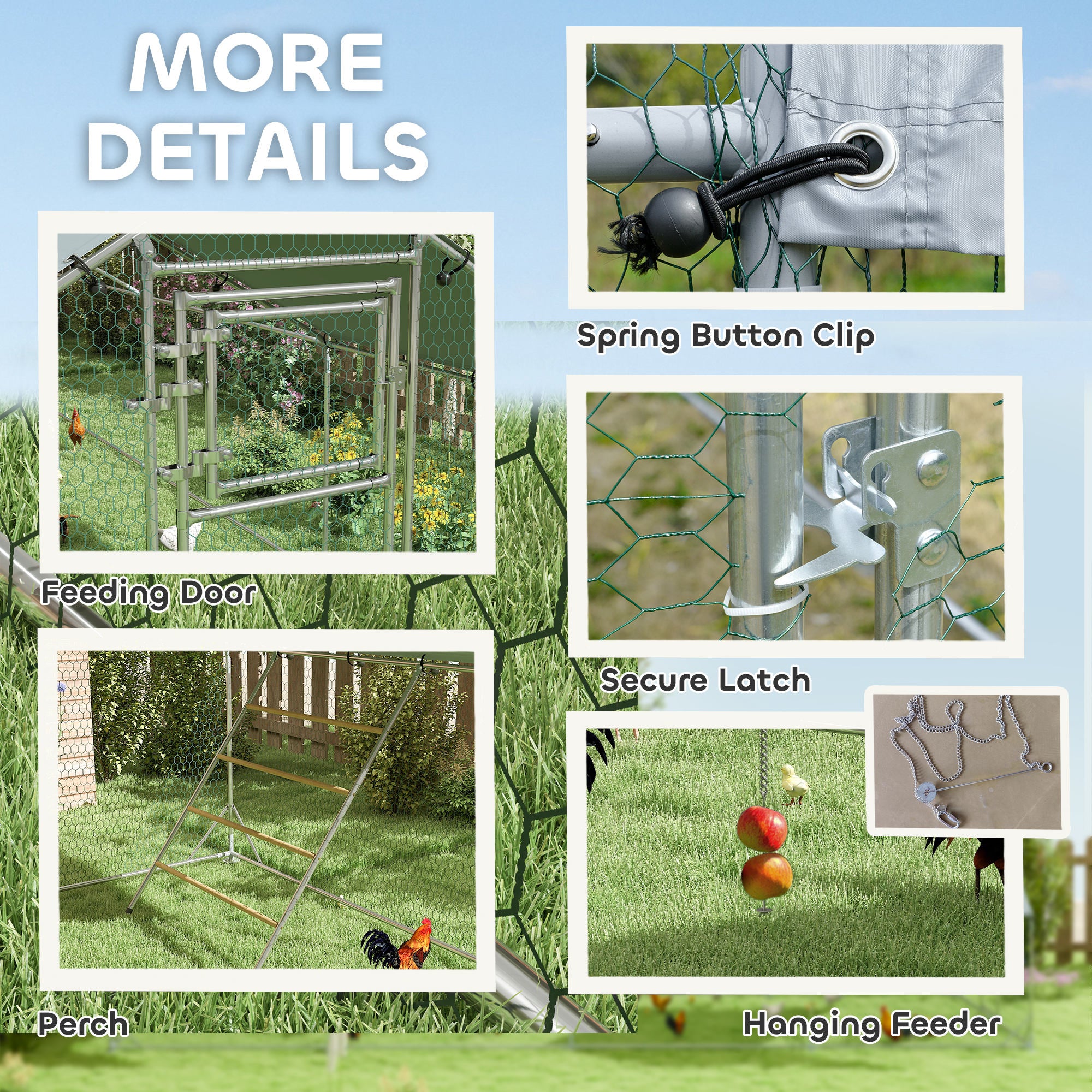 Metal Chicken Run w/ Waterproof & Anti-UV Cover, Feeding Door, Hanging Feeder, for 24-30 Chickens, 9.8' x 26.2' x 6.4' - Silver - Image 7