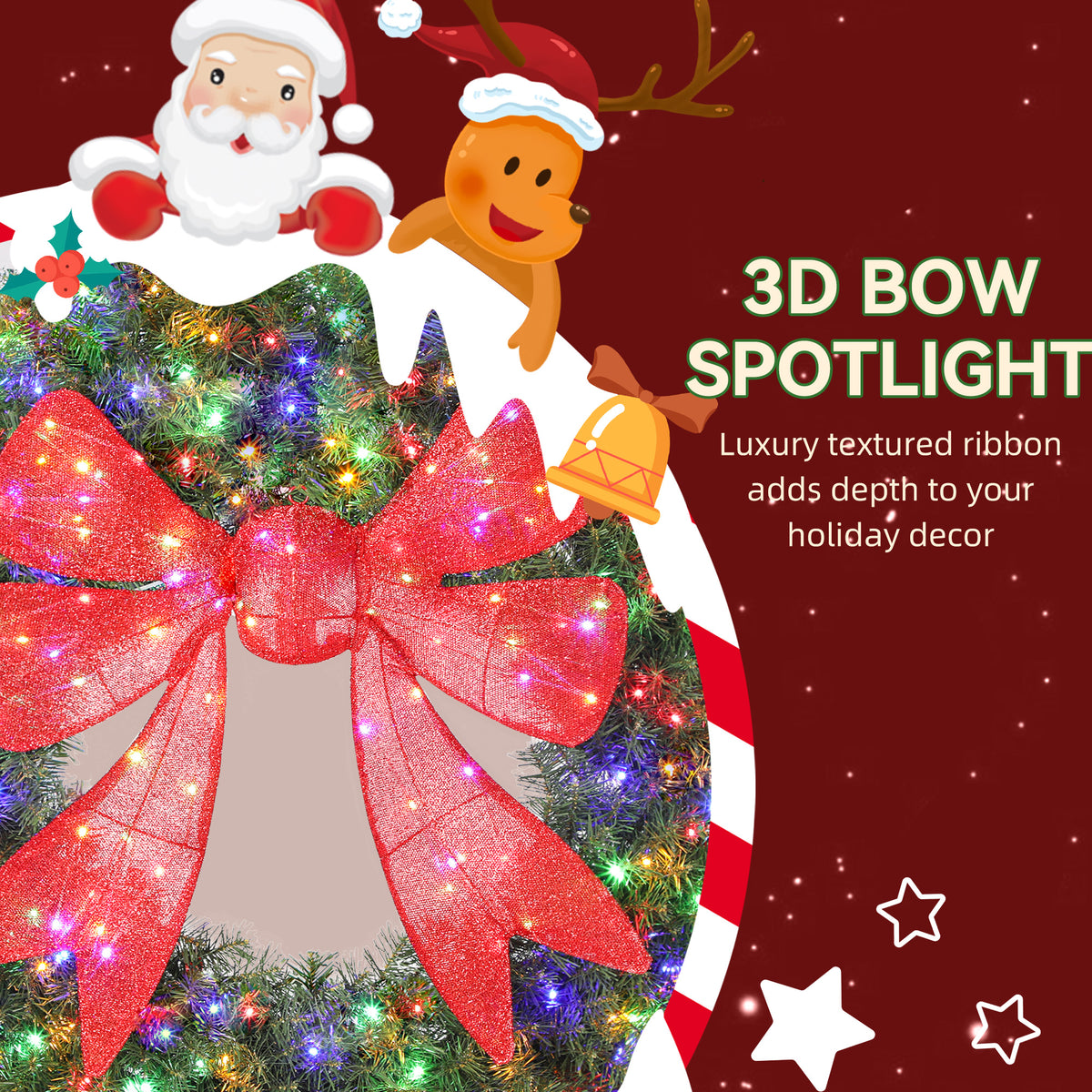 36in Pre-Lit Christmas Wreath with 3D Red Bow, 11 Lighting Modes, Front Door Christmas Wreath with Remote