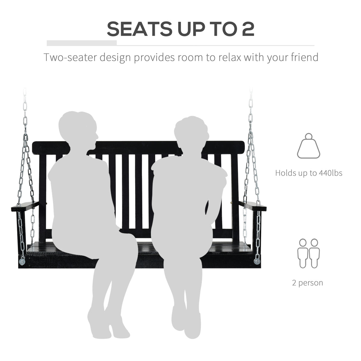 2-Seater Hanging Porch Swing Outdoor Patio Swing Chair Seat with Slatted Build and Chains, 440lbs Weight Capacity, Black