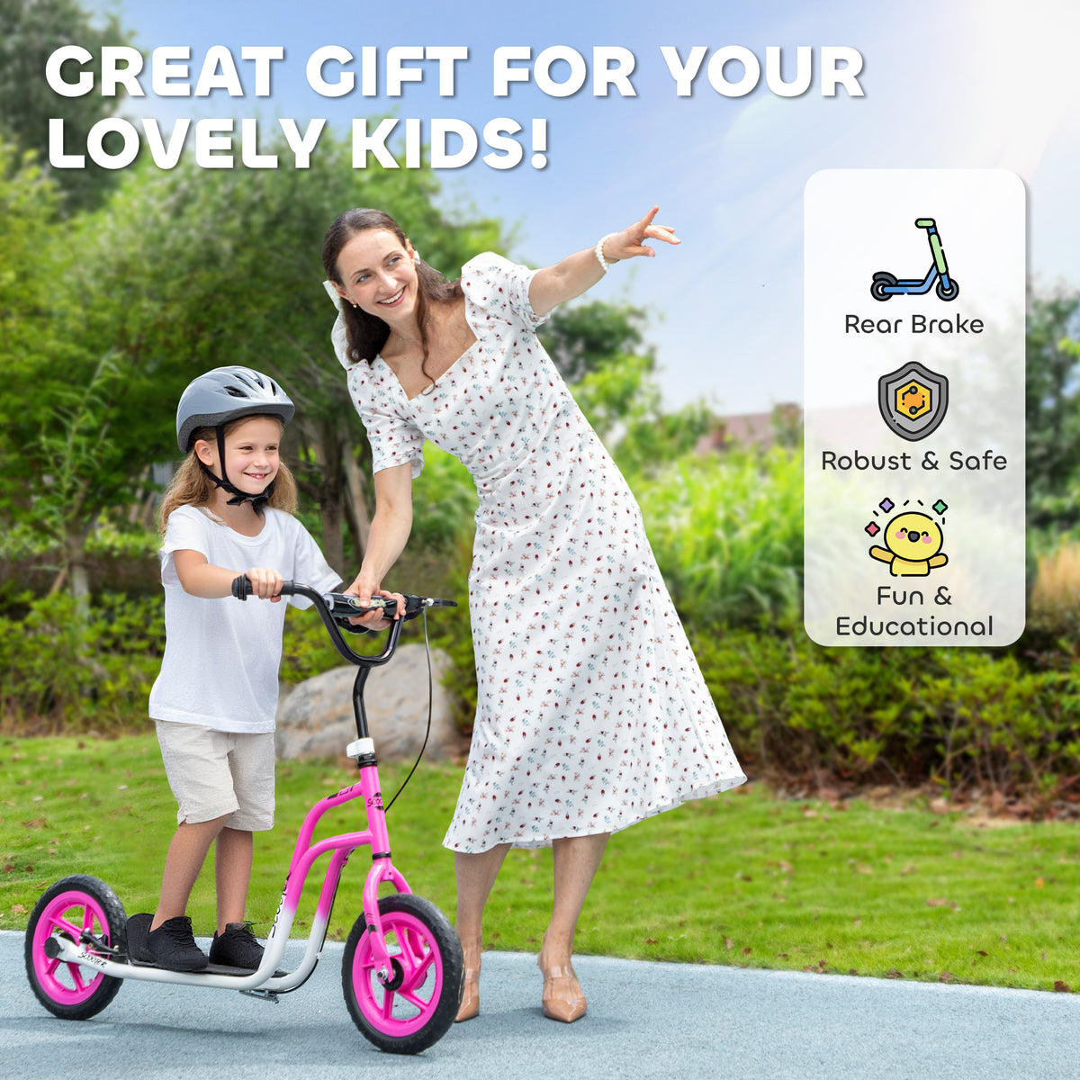 Kids Scooter, Lightweight Scooter with Adjustable Handlebar, Rear Brake, Kickstand, 12" EVA Wheels, for 5-12 Y, Pink