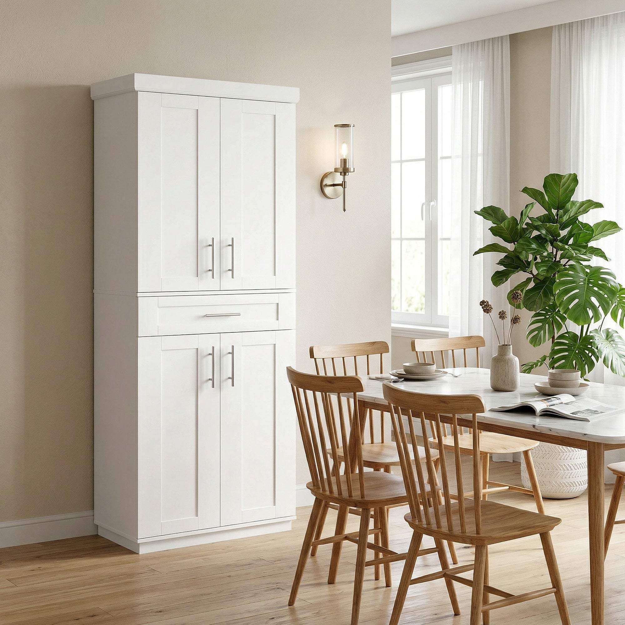 Modern Kitchen Pantry Freestanding Cabinet Cupboard with Doors and Drawer, Adjustable Shelving, White