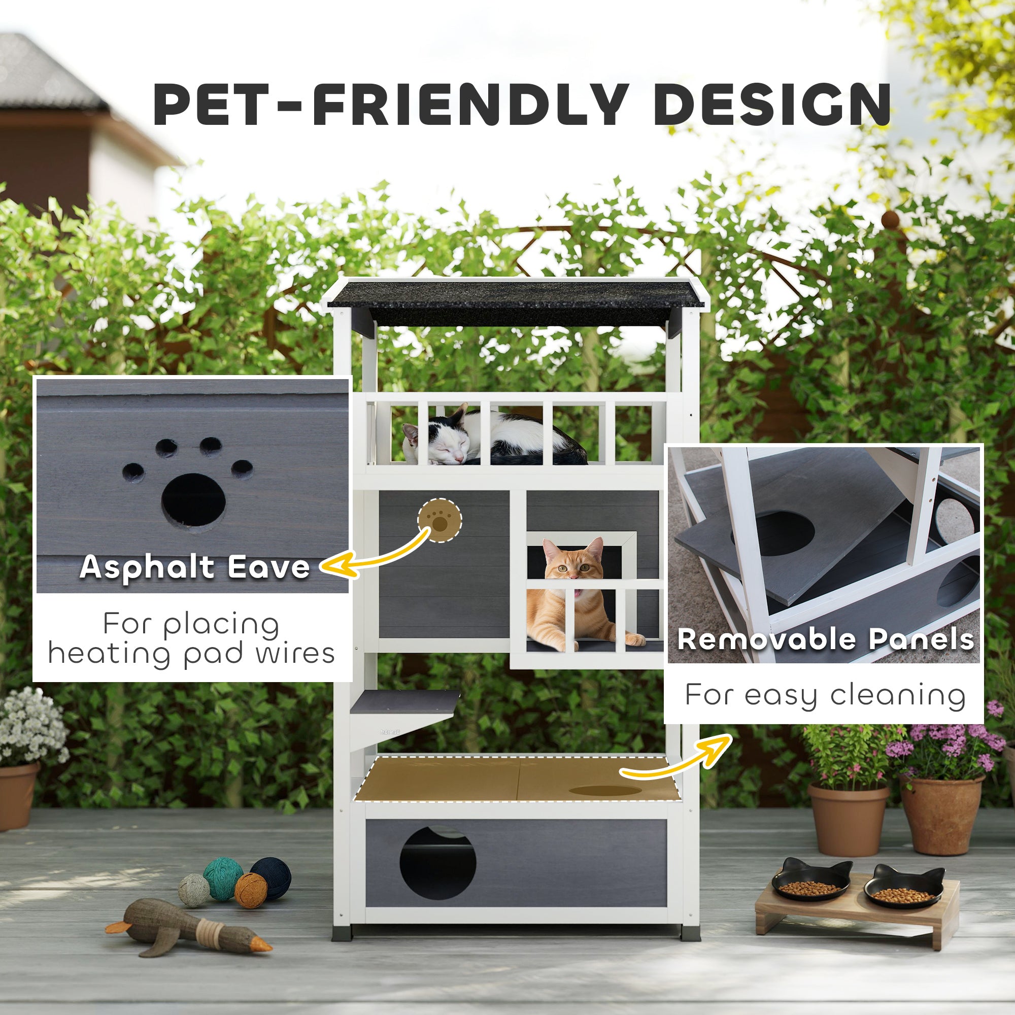 Wooden Outdoor Cat House, Feral Cat Shelter Kitten Condo with Asphalt Roof, Escape Doors, Condo, Jumping Platform, Gray - Grey - Image 7