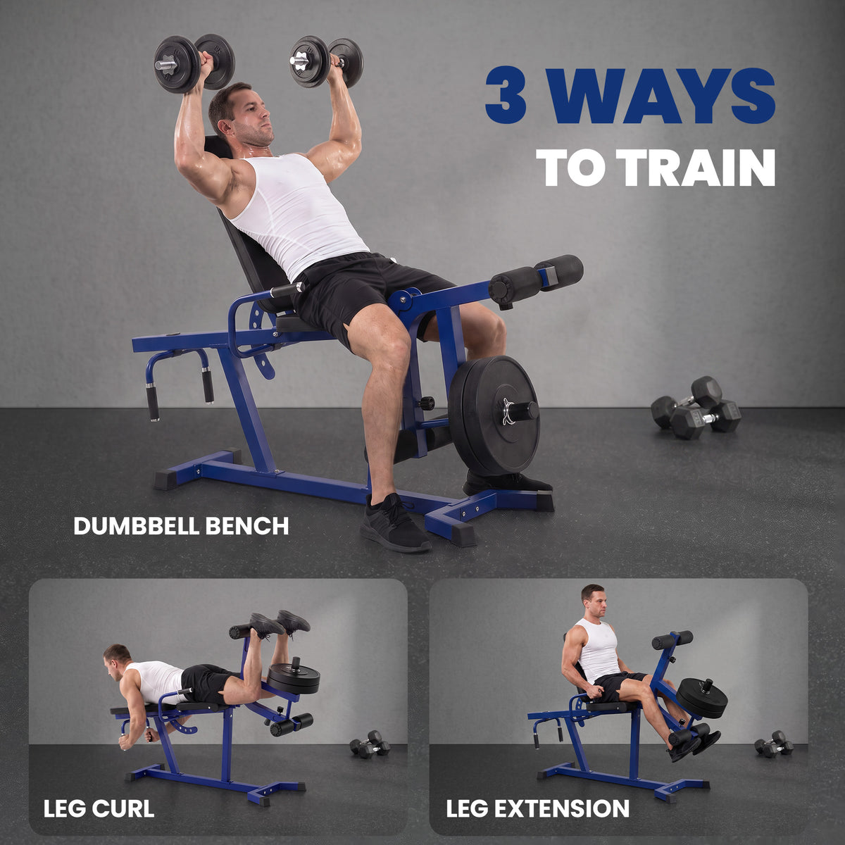 3-in-1 Leg Extension and Curl Machine, 660LBS Heavy Duty Adjustable Weight Bench with Leg Developer, Dark Blue
