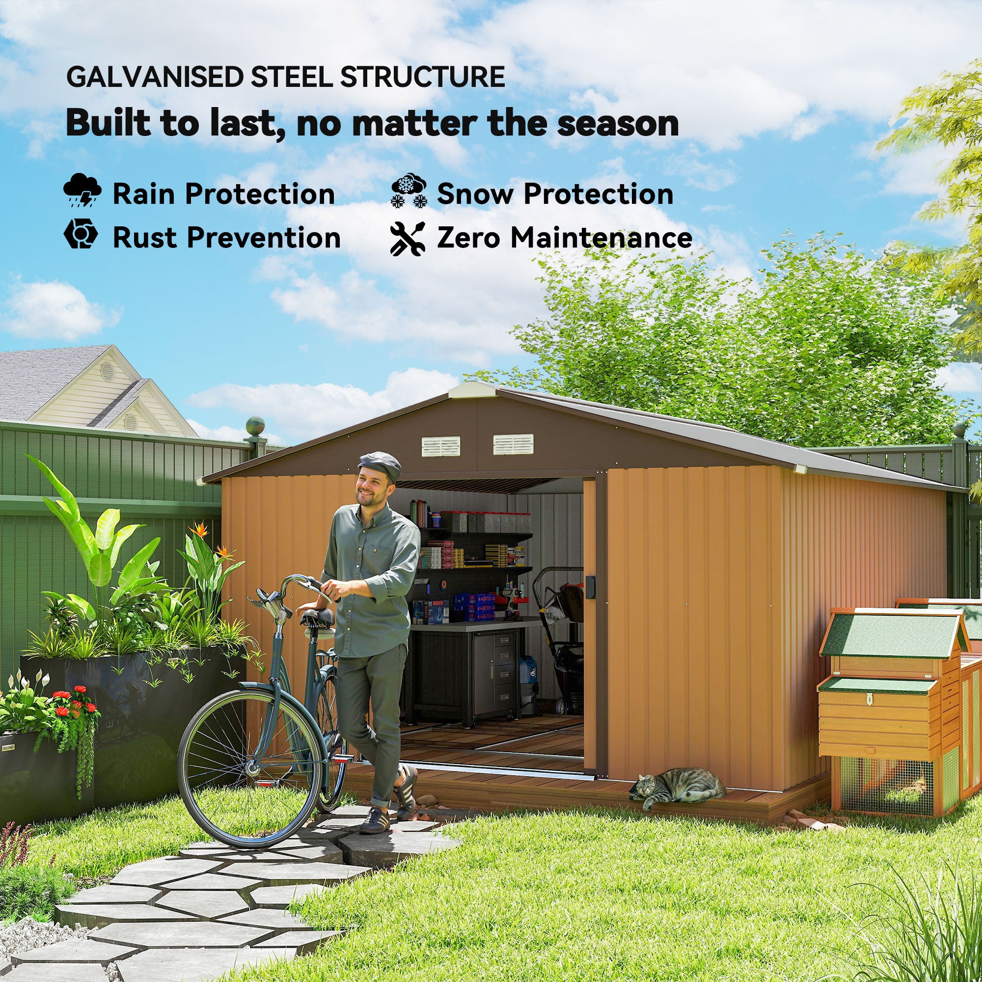 Garden Metal Shed, Storage Shed Utility Storage with Double Locking Doors for Bike, Yard Tools, Yellow - Yellow - Image 4