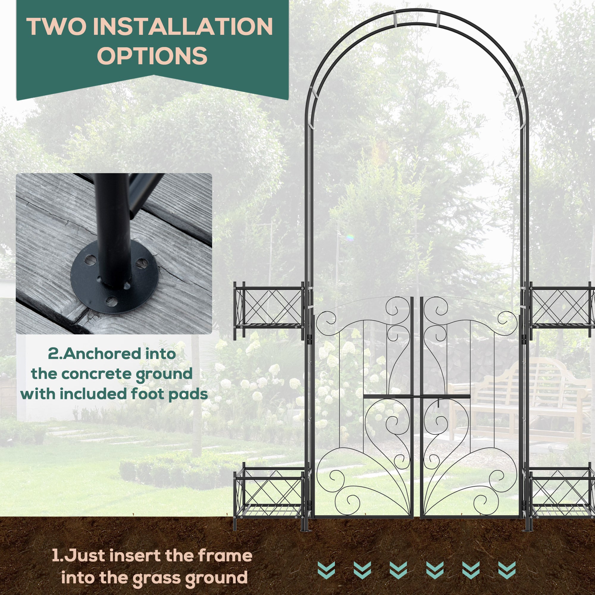 7' Garden Arch Arbor, Metal Arch Trellis with Gate, Garden Archway for Climbing Vines, Wedding Ceremony Decoration, Black - Black - Image 7