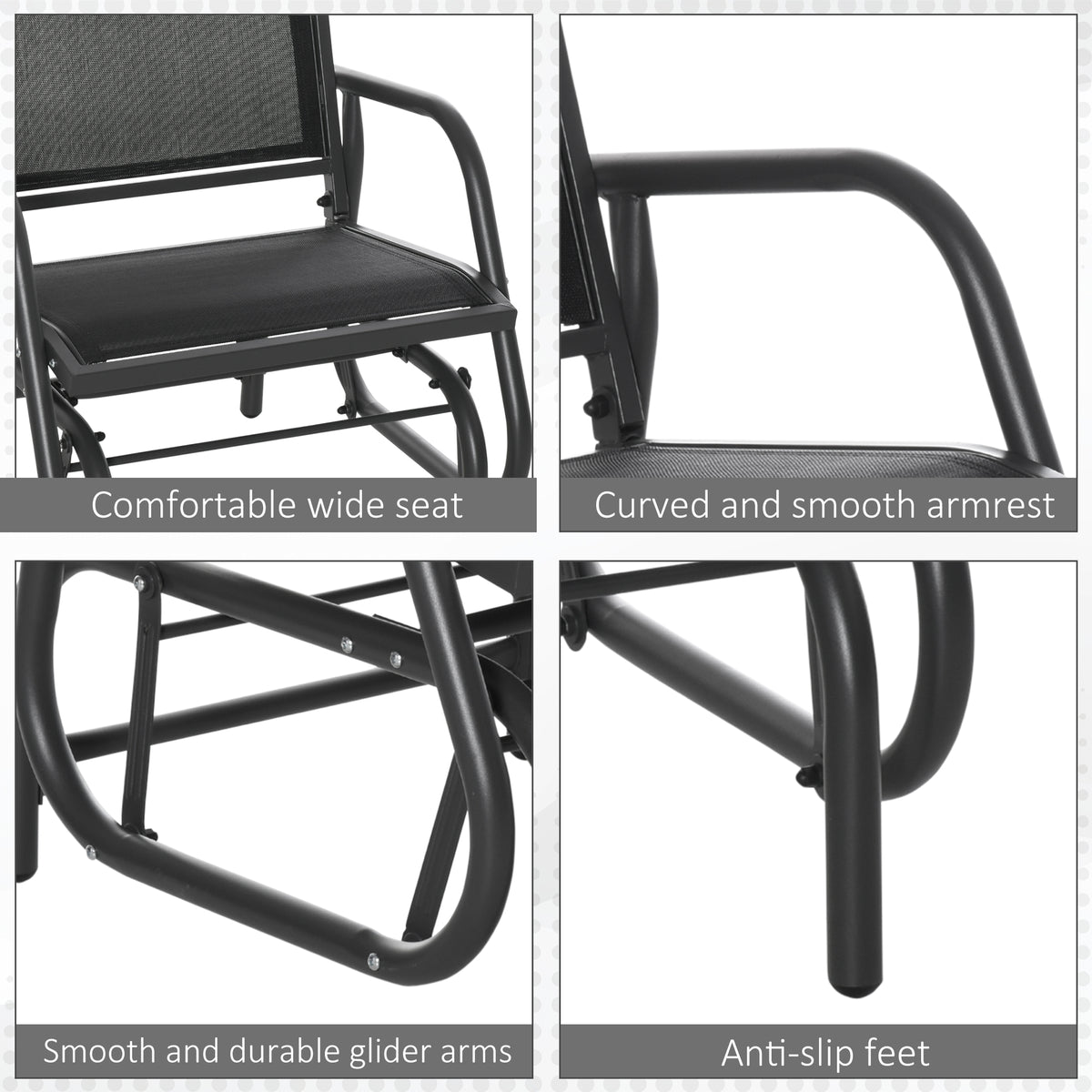 Outdoor Glider Chair, Steel Swing Chai with Curved Armrests for Porch, Garden, Poolside, Balcony, Black