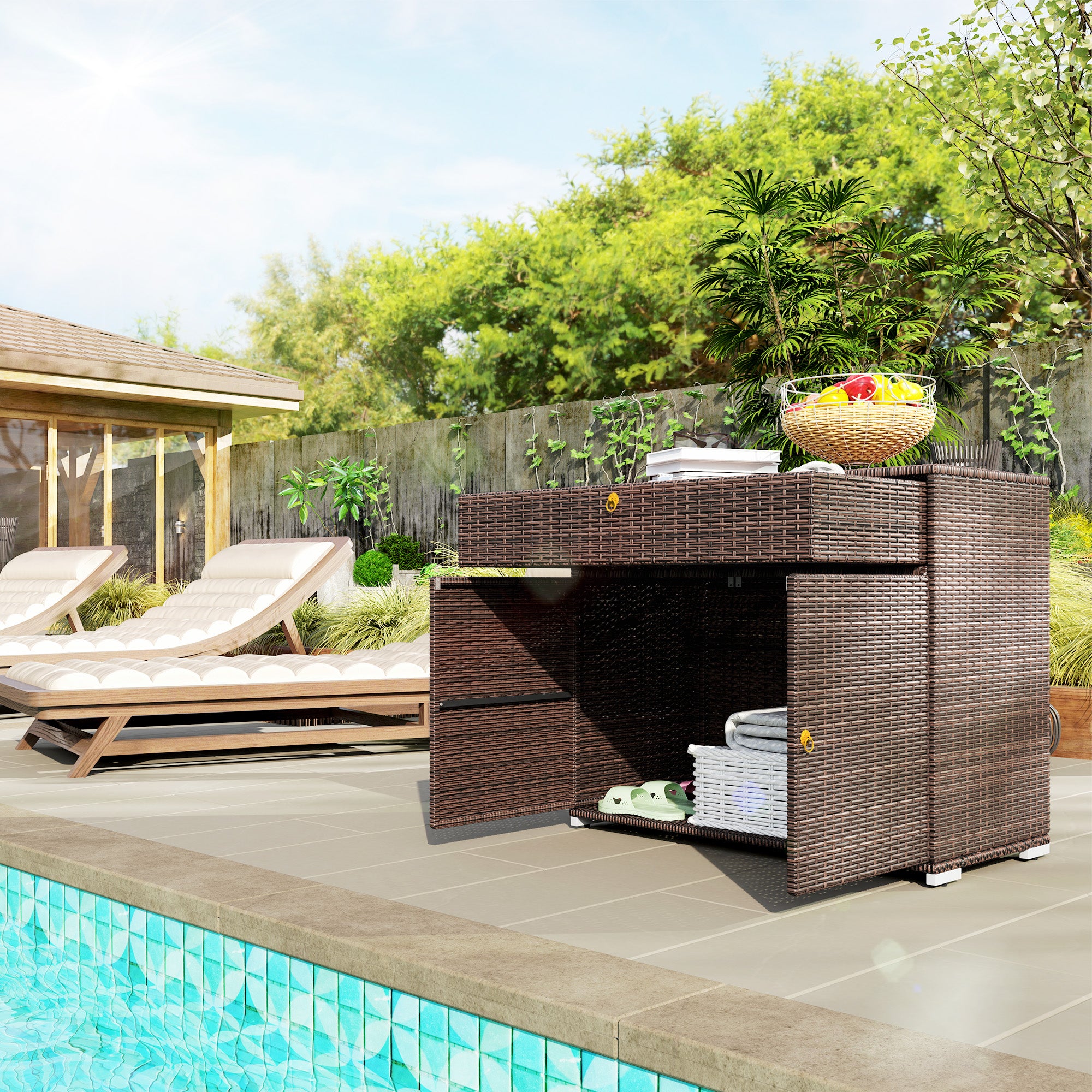 Outdoor Storage Cabinet, Waterproof PE Rattan Cabinet with Drawer for Indoor, Outdoor Swimming Pool, Mixed Brown - Brown - Image 2
