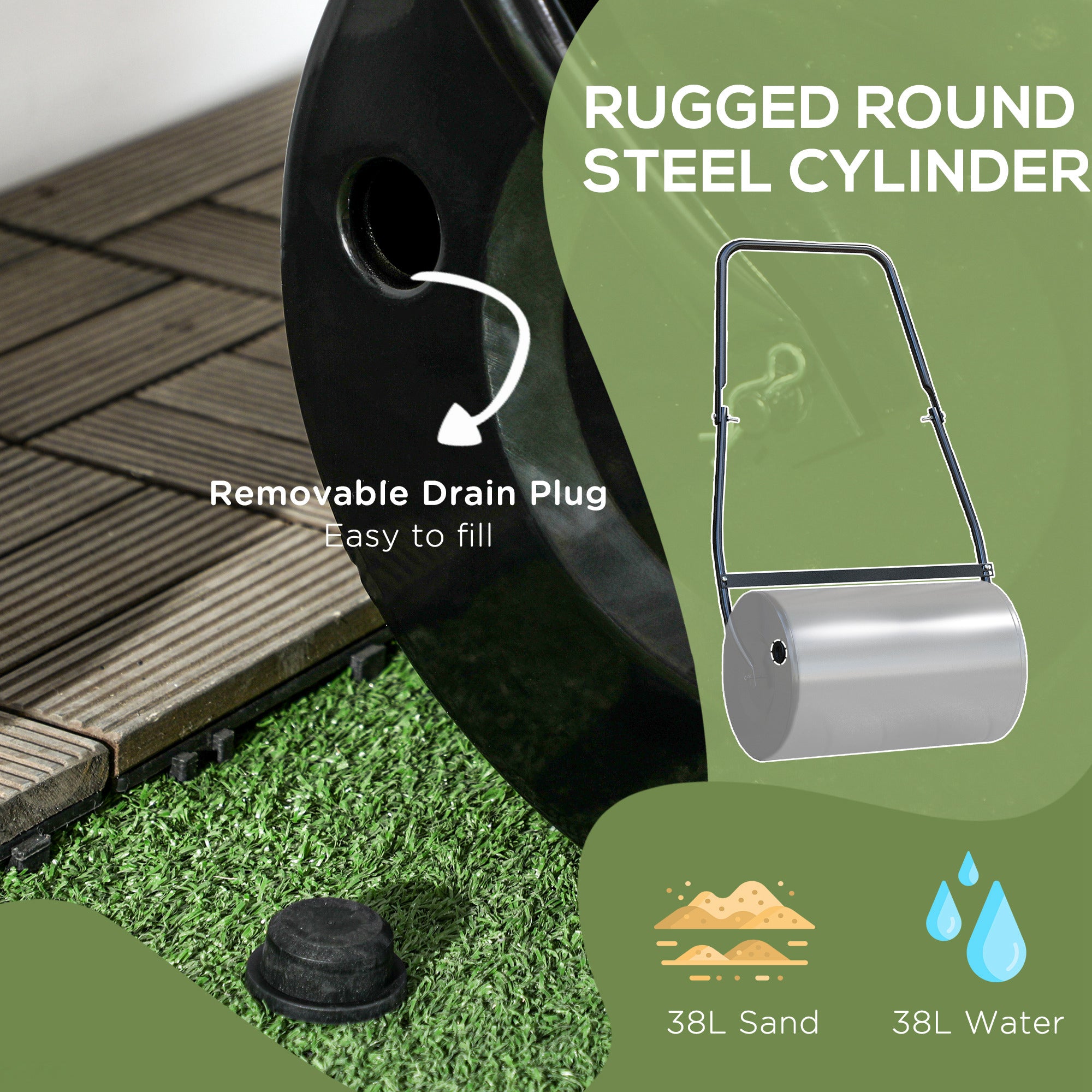 38L Heavy Duty Push/Tow Poly Lawn Roller, U-handle Garden Roller Filled with Water or Sand - Black - Image 7