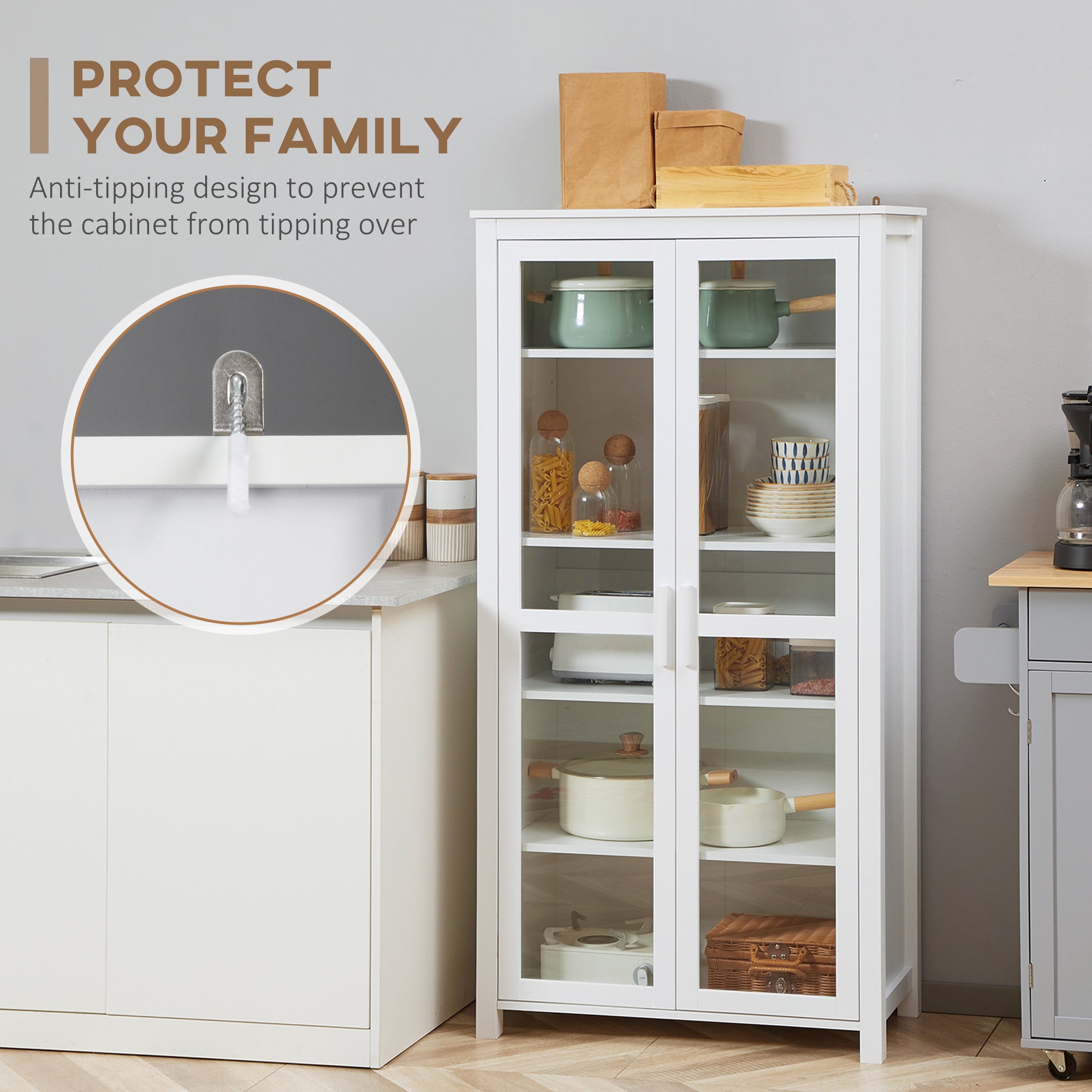 63" Kitchen Pantry Cabinet, Freestanding Storage Cabinet, Display Cabinet with 2 Glass Door and 2 Adjustable Shelves for Dining Room, White