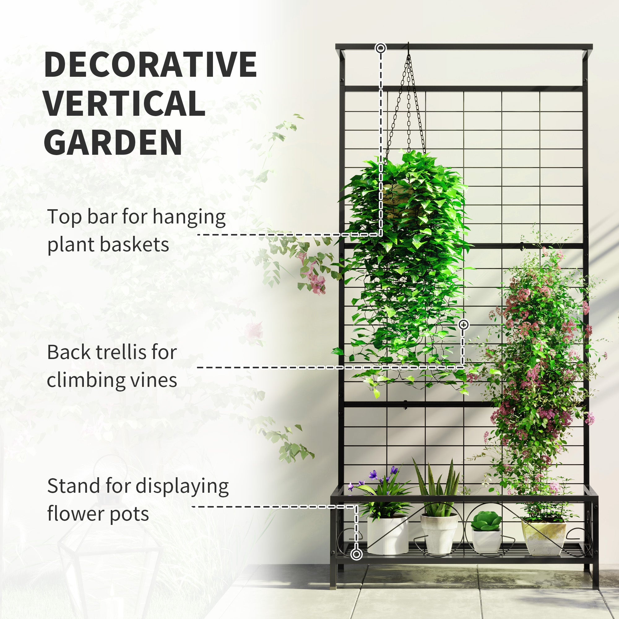 Metal Tall Plant Stand with Trellis and Hanging Bar, Plant Holder for Indoor Outdoor Use, 35" x 12.8" x 74", Black - Black - Image 4