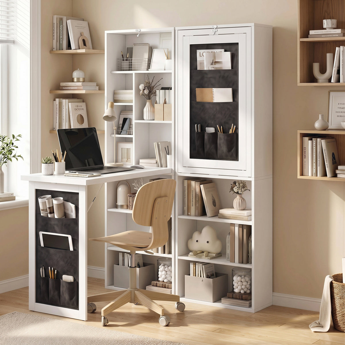 Foldable Convertible Writing Table with Storage Shelves, Bag, Wall-Mounted Space-Saving Computer Desk, White