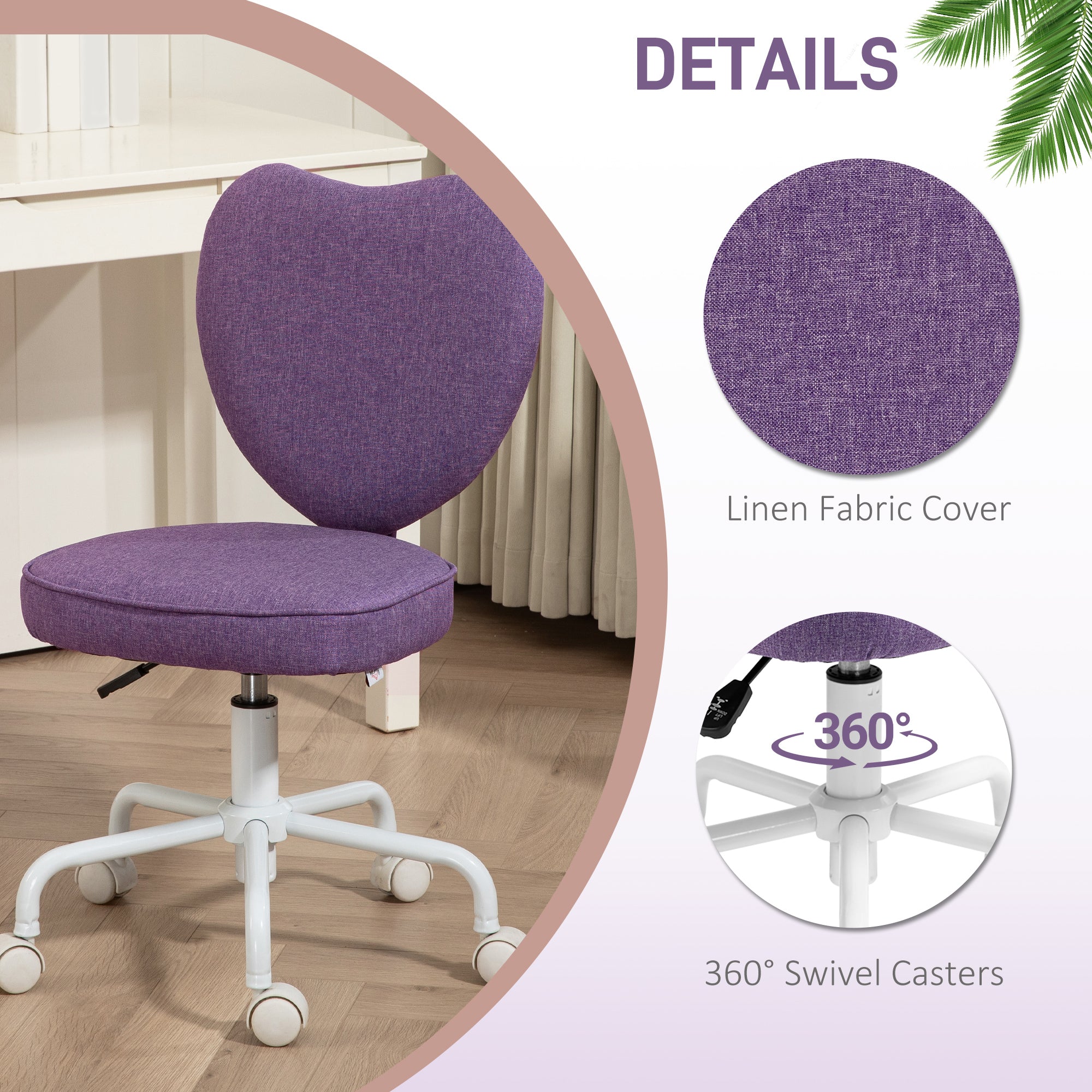 Heart Love Shaped Back Design Office Chair with Adjustable Height, Purple