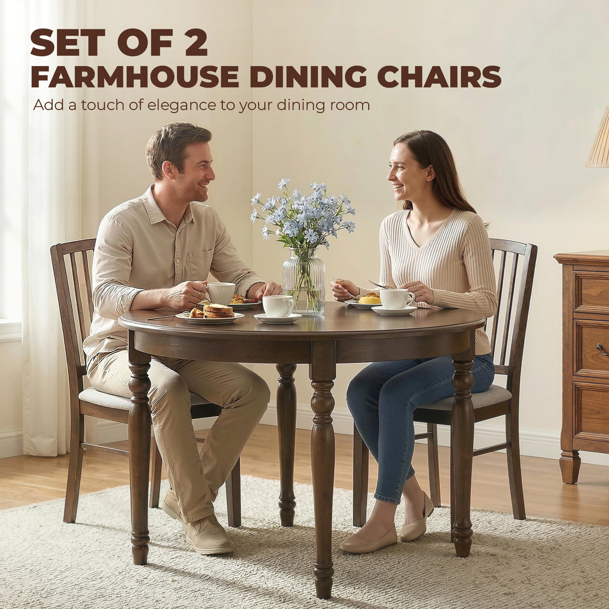 Dining Chairs Upholstered Kitchen Chairs with Rubberwood Legs Set of 2, Burn Brown