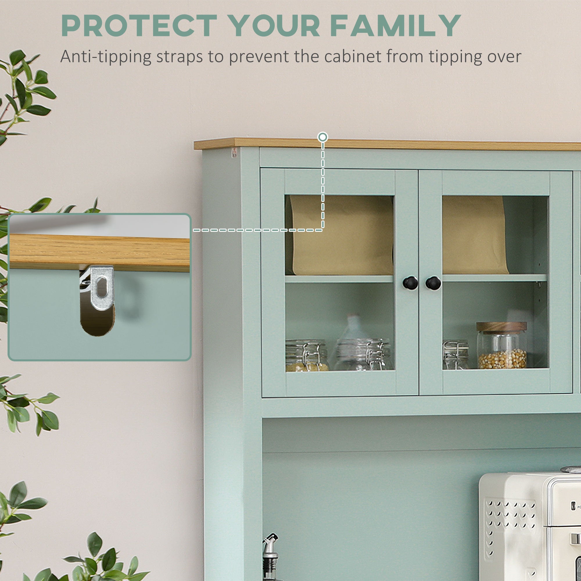 Kitchen Pantry Storage Cabinet with Microwave Stand, 71" Modern Kitchen Hutch with Open Countertop, Glass Doors, Storage Drawers and Adjustable Shelves for Dining Room, Coffee Bar, Light Green