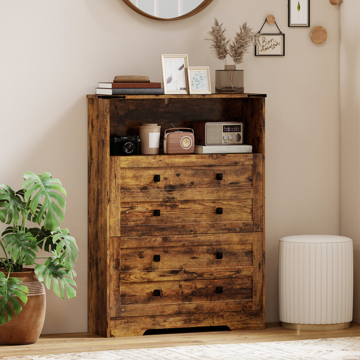 Shoe Cabinet with 2 Flip Drawers, Narrow Shoe Storage Cabinet, Rustic Brown