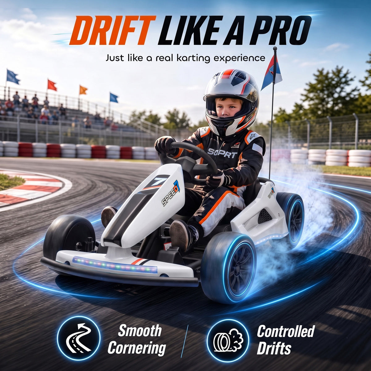 24V Electric Drift Go Kart for Kids with Dual Motors, Soft Start, PU Wheels, 7.5MPH High Speed, for Ages 6-14, White