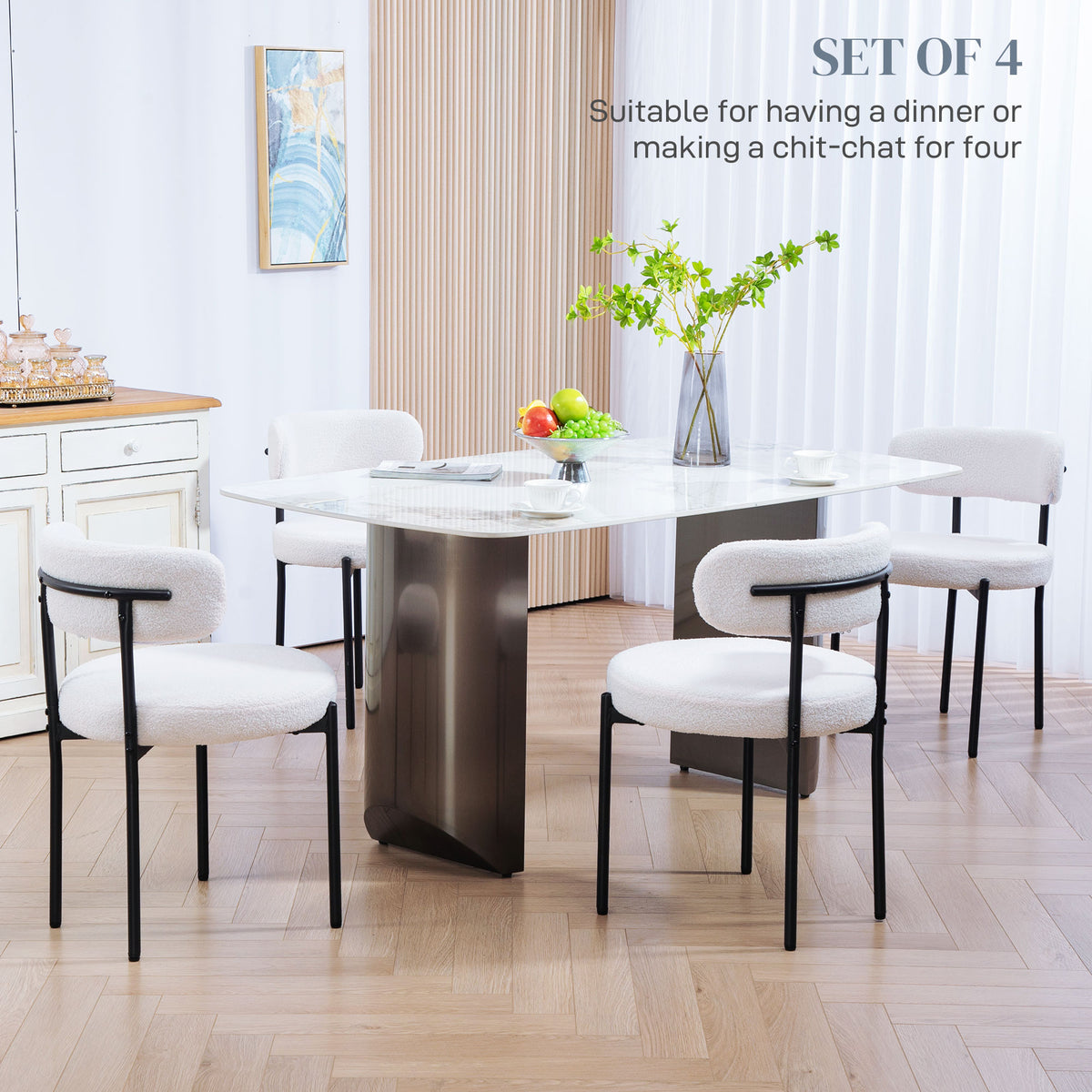 Round Modern Upholstered Kitchen Chairs, Boucle Dining Chairs Set of 4 with Curved Backrest and Thick Cushion, White