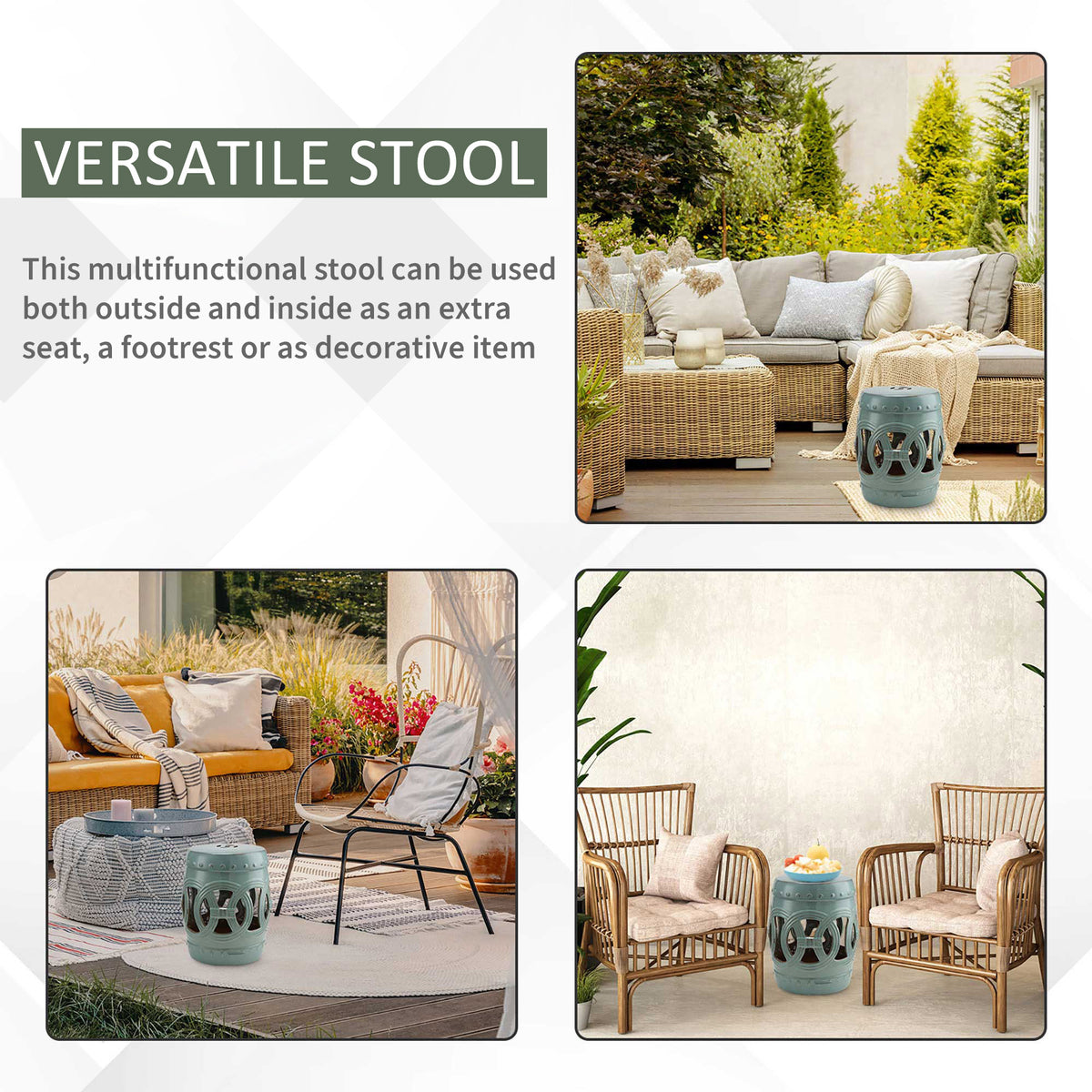 14" x 17" Ceramic Garden Stool with Double-Coin Knotted Ring Design & Strong Glazed Material, Decorative End Table, Home Collection, Antique Blue