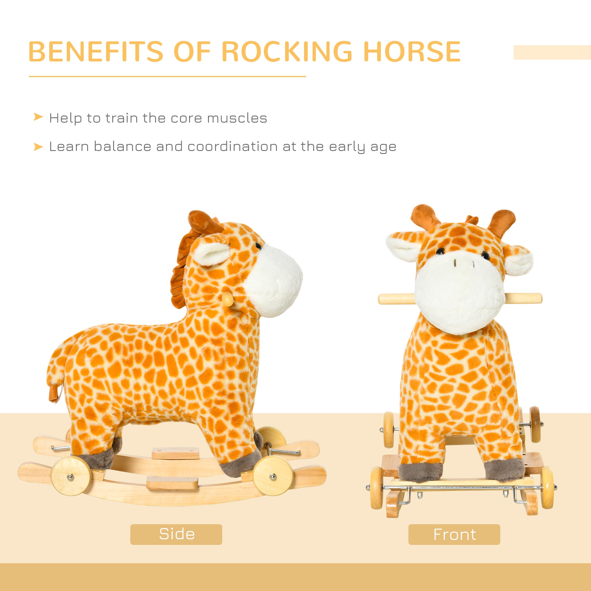 Rocking Horse, 2 in 1 Kids Ride on Horse, Rolling Giraffe Animal Rocker with Sound, Wooden Base, Pedal, Grip Handle, Plush Riding Pony for 3-6 Years Old, Yellow