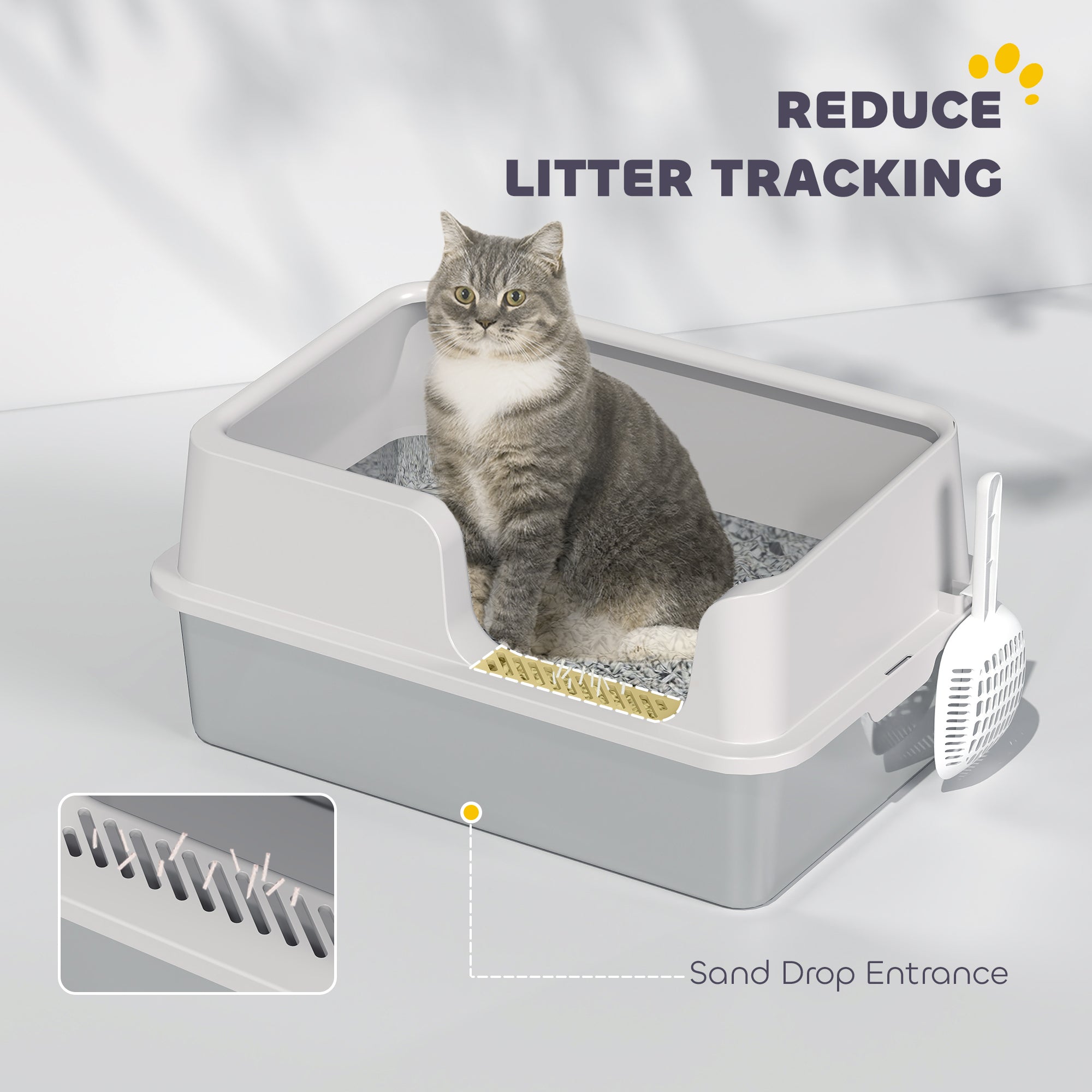 Stainless Steel Litter Box with High Side, Scoop, Easy Cleaning & Anti-Urine Leakage, for Big Cats, Light Gray - Light Gray - Image 6