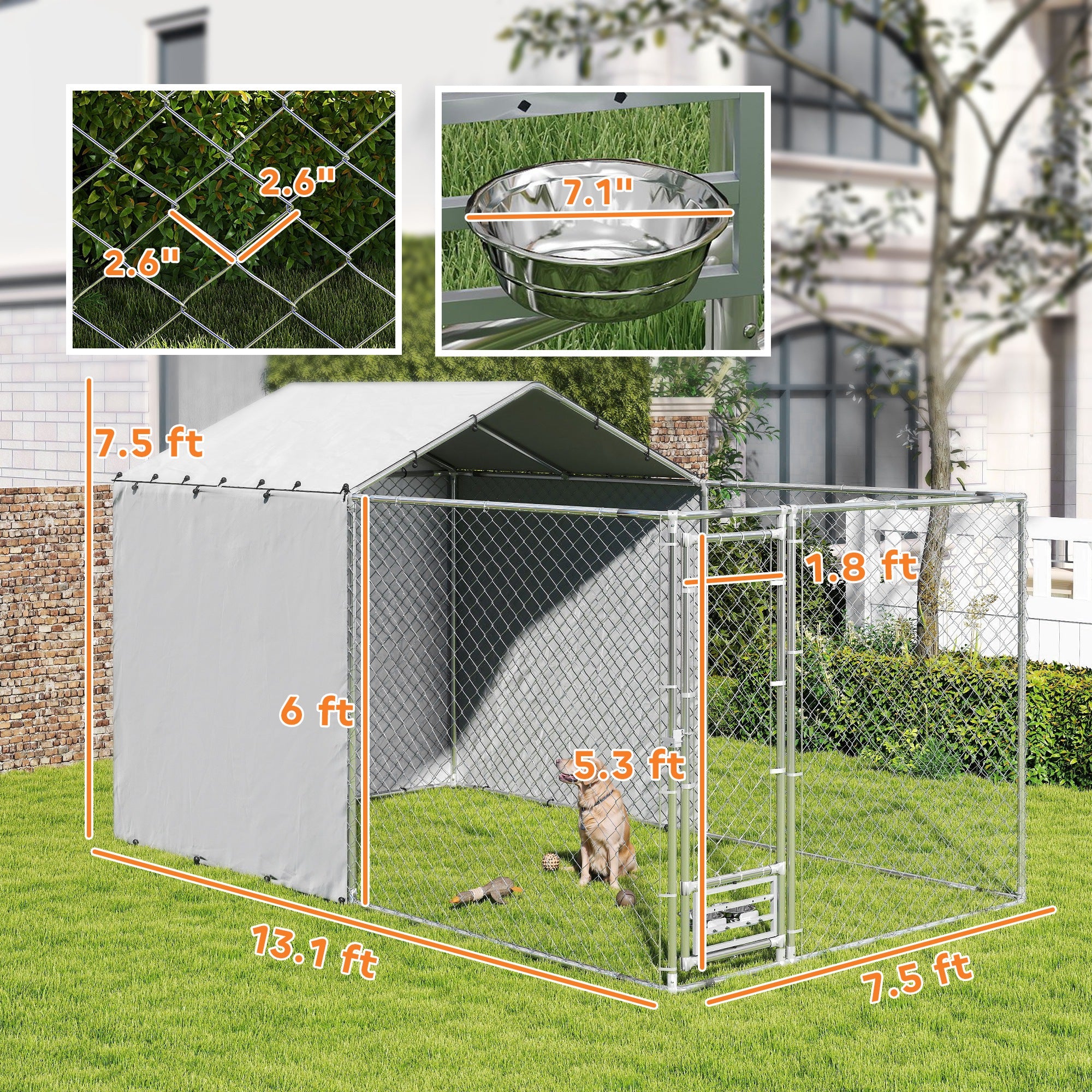 Galvanized Chain Link Large Outdoor Dog Kennel with Waterproof & UV-Resistant Cover, for M&L Dogs, 13.1' x 7.5' x 7.5' - Silver - Image 3
